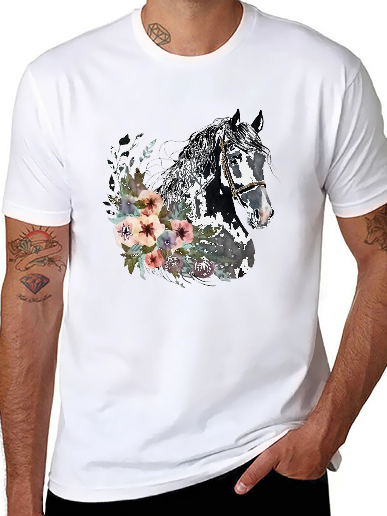 Black Floral Horse Graphic Tee - Unisex Black T-Shirt view 8