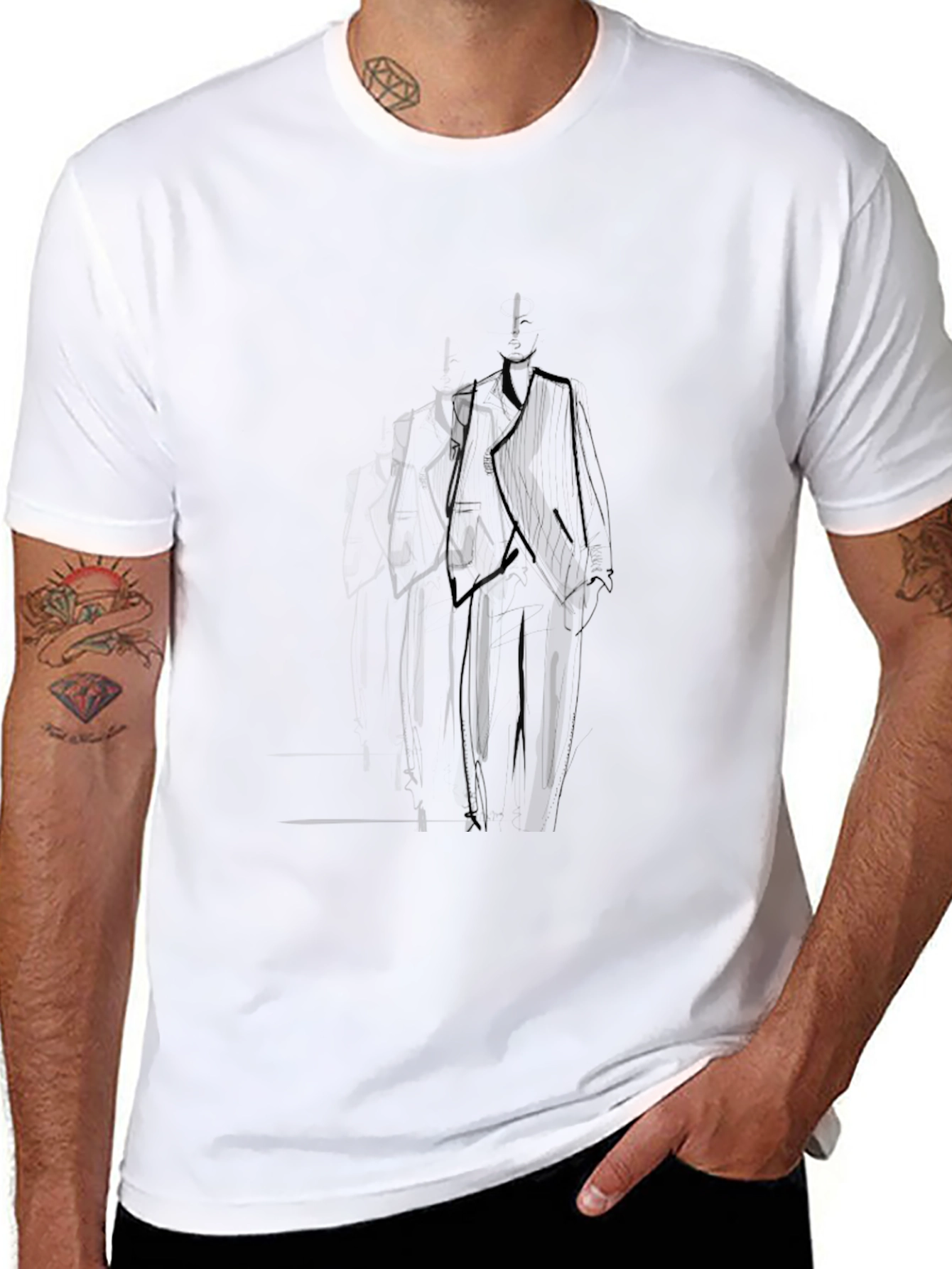 Black Men's Black T-Shirt with Abstract Suit Design view 8