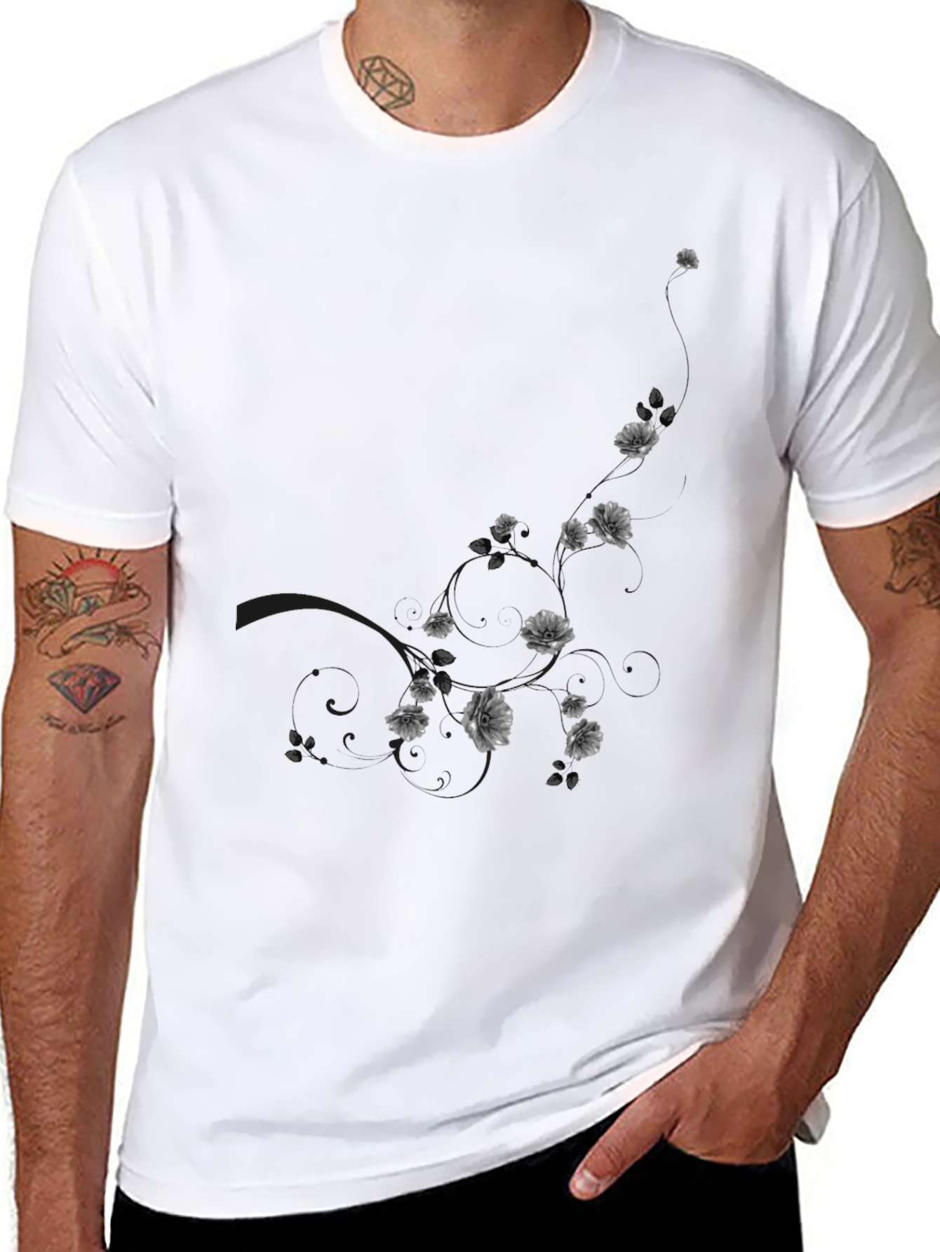 Black Men's Black Floral Graphic T-Shirt view 8