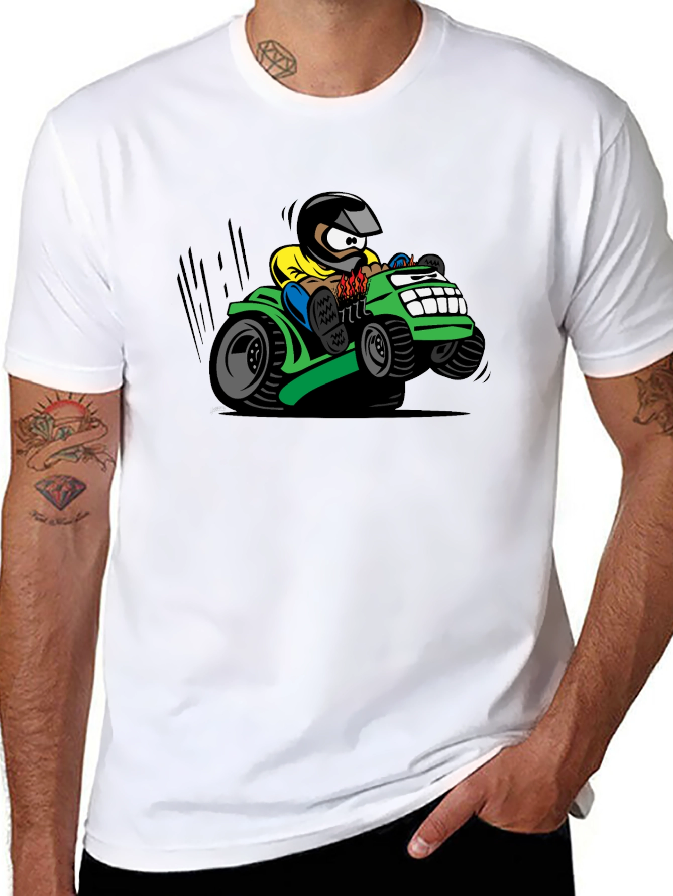 Black Cartoon Lawn Mower Rider Graphic Tee view 8
