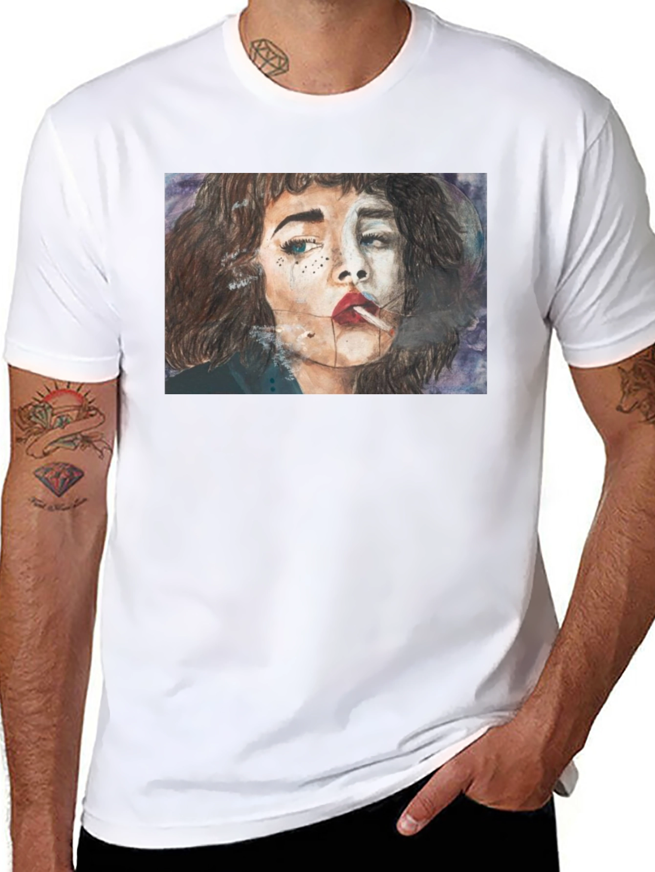 Black Smoking Woman Graphic Tee - Unisex Black T-Shirt view 8