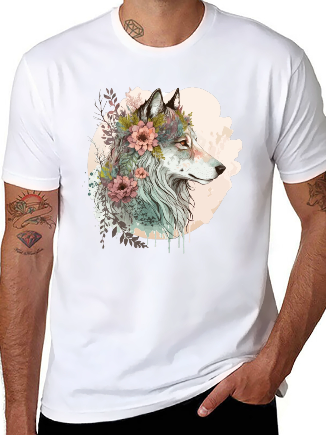 Black Wolf and Floral Graphic Tee - Stylish Men's Black T-Shirt view 8