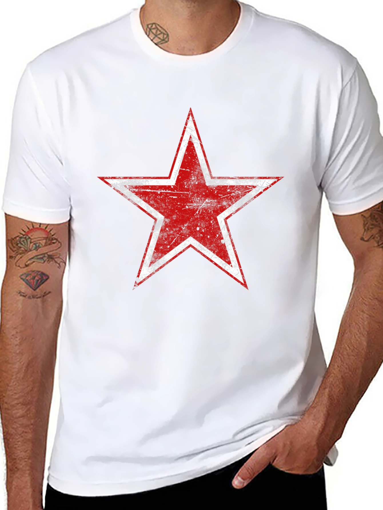 Black Distressed Red Star Graphic Black T-Shirt view 8