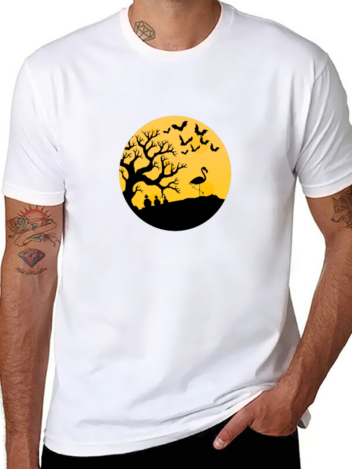 Black Halloween Tree Flamingo Tee view 8