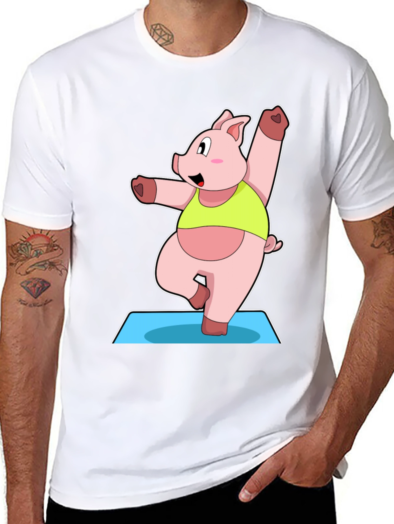 Black Yoga Pig Black T-Shirt - Funny Cartoon Animal Tee view 8