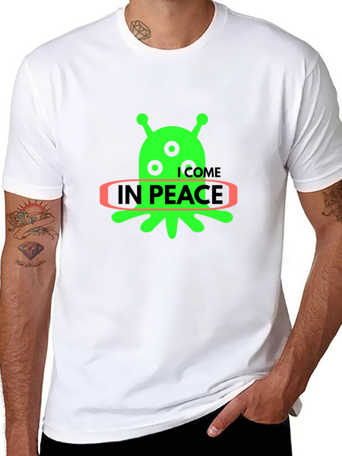 Black Alien "In Peace" Graphic T-Shirt - Black Cotton Blend view 8