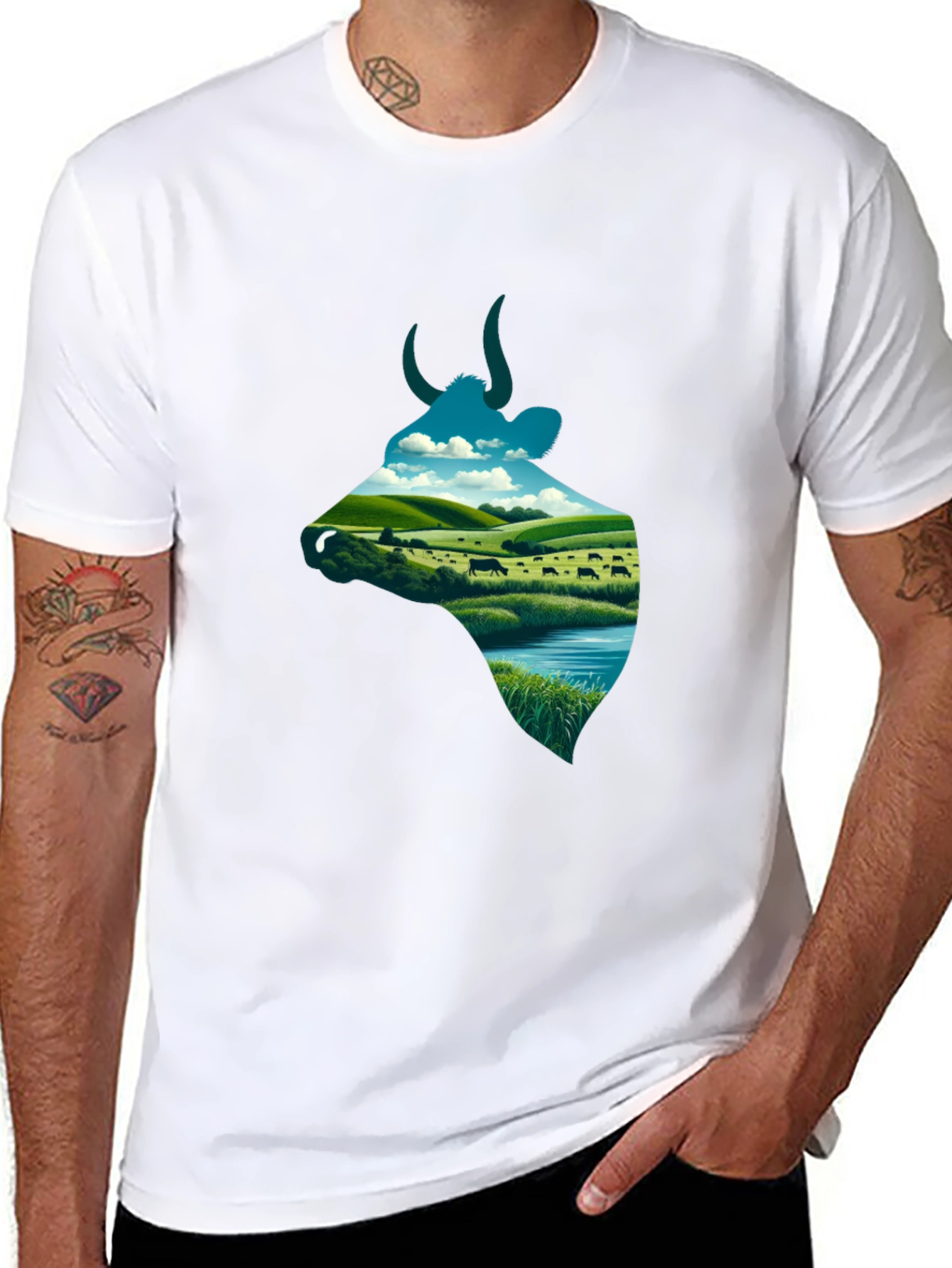 Black Cow Landscape Graphic Tee - Unique Men's Shirt view 8
