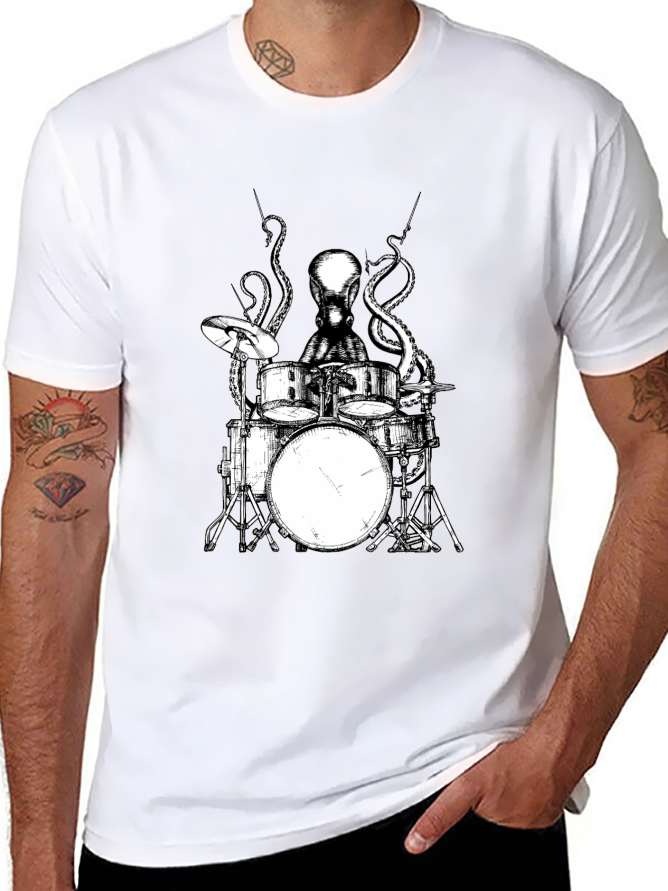 Black Octopus Drummer Graphic Tee - Black Cotton T-Shirt view 8