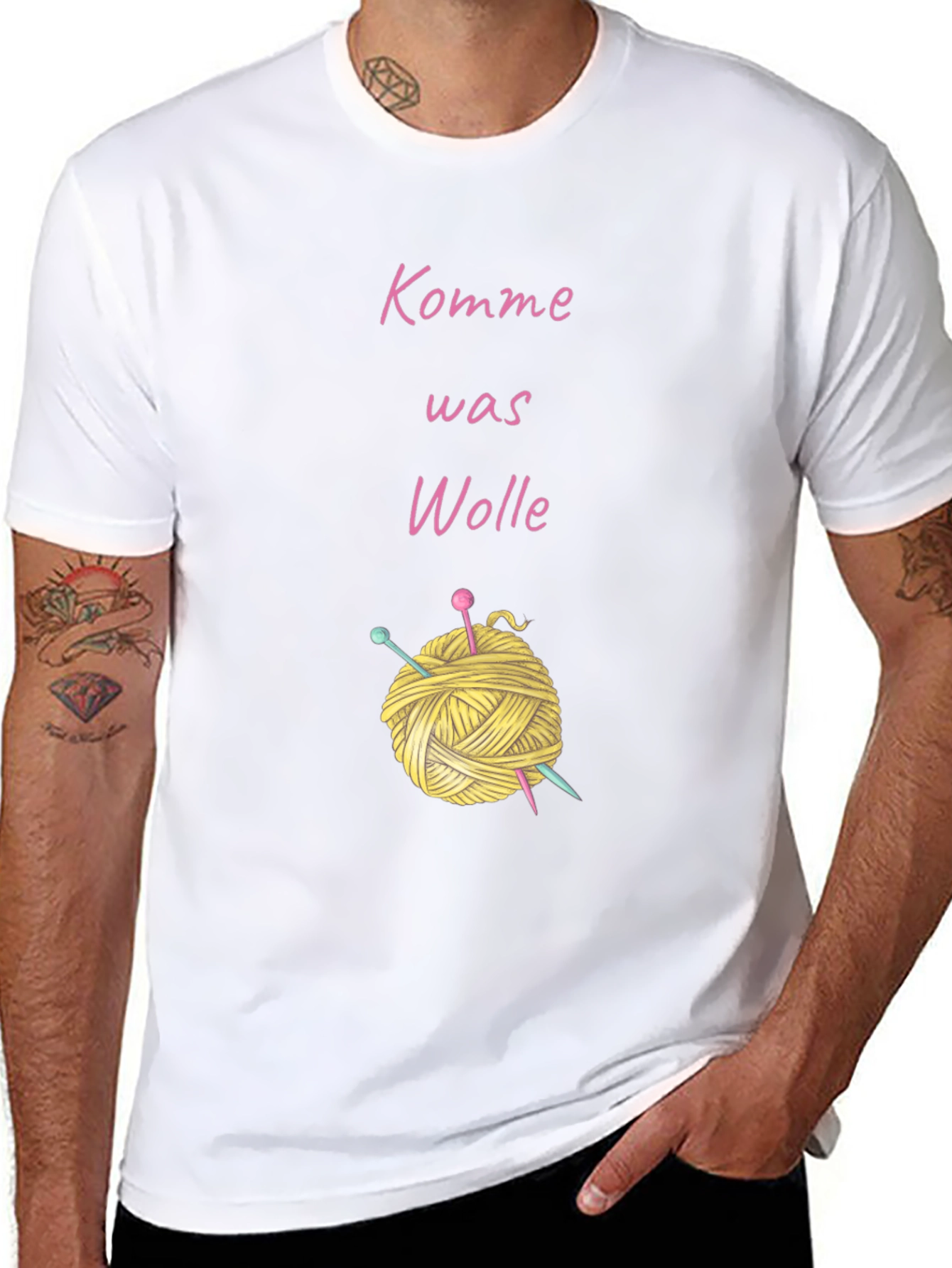 Black Knitting Lover's T-Shirt - "Komme Was Wolle" Yarn Design view 8