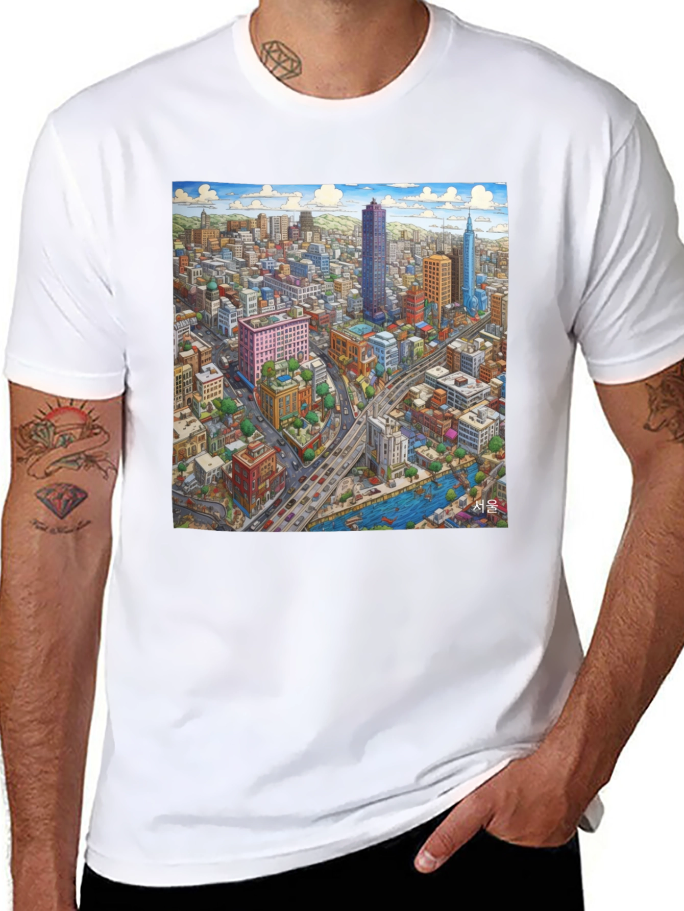 Black Seoul Cityscape Graphic Tee - Unique Design view 8