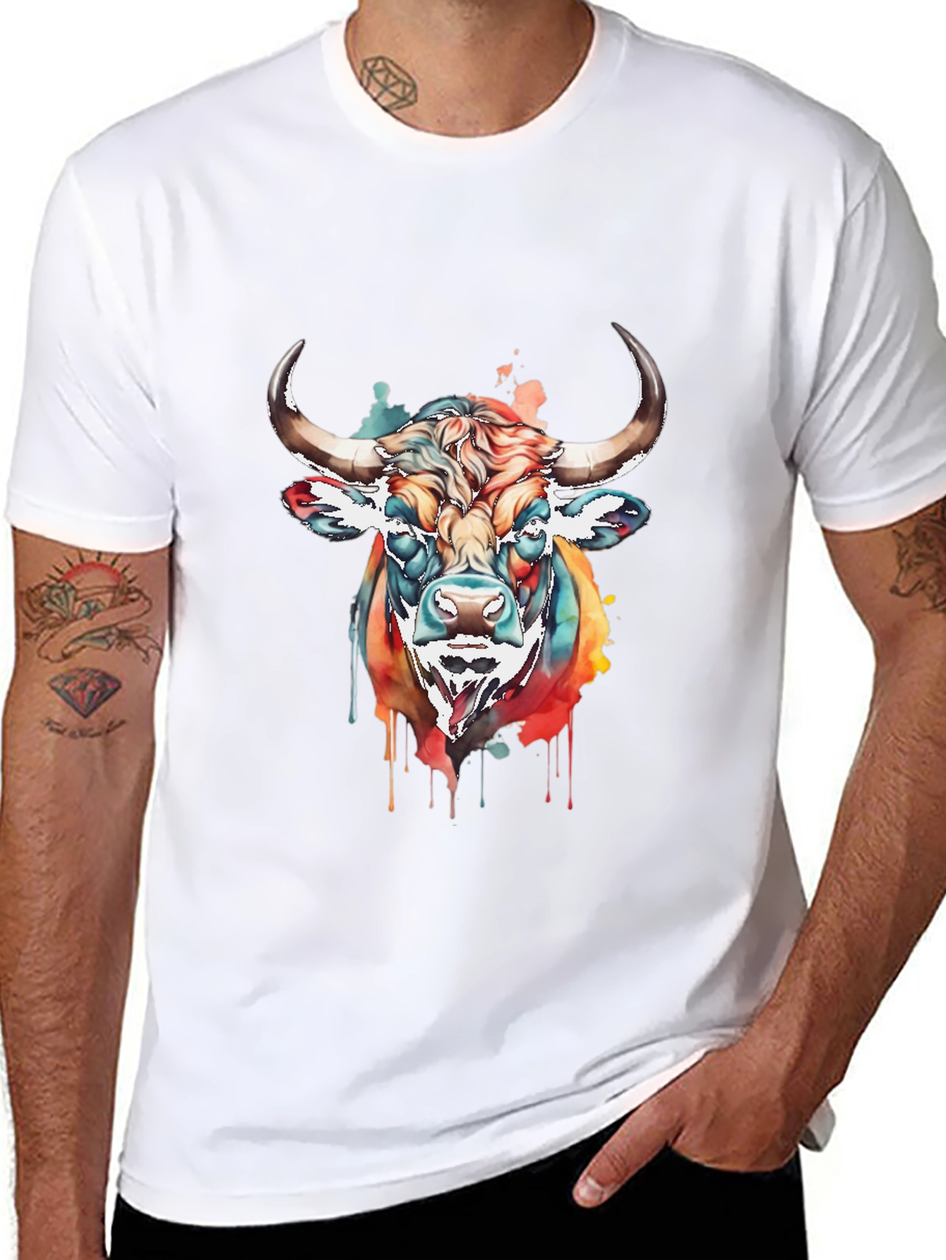 Black Colorful Bull Graphic Tee - Men's Black T-Shirt view 8