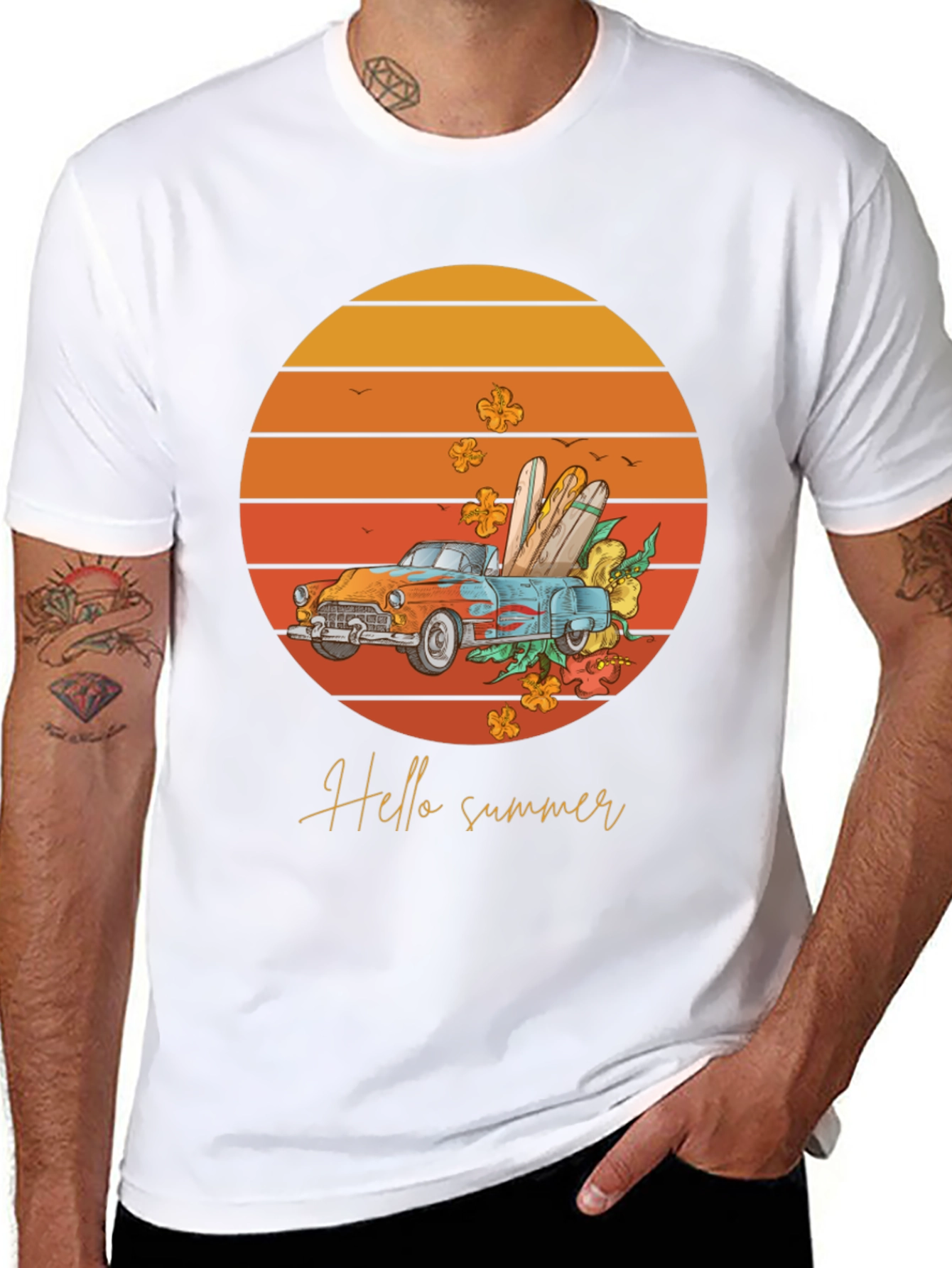 Black Hello Summer T-Shirt - Sunset Car Graphic Tee view 8