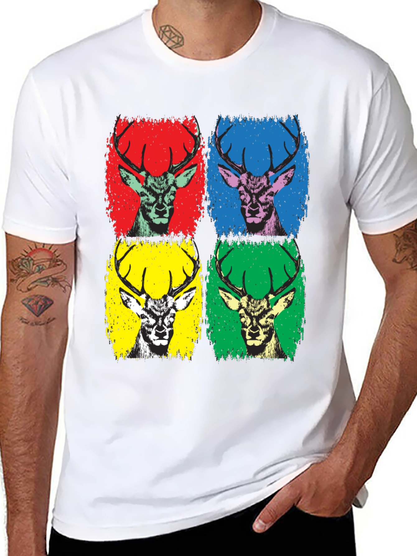 Black Pop Art Deer Graphic Tee - Black Cotton T-Shirt view 8