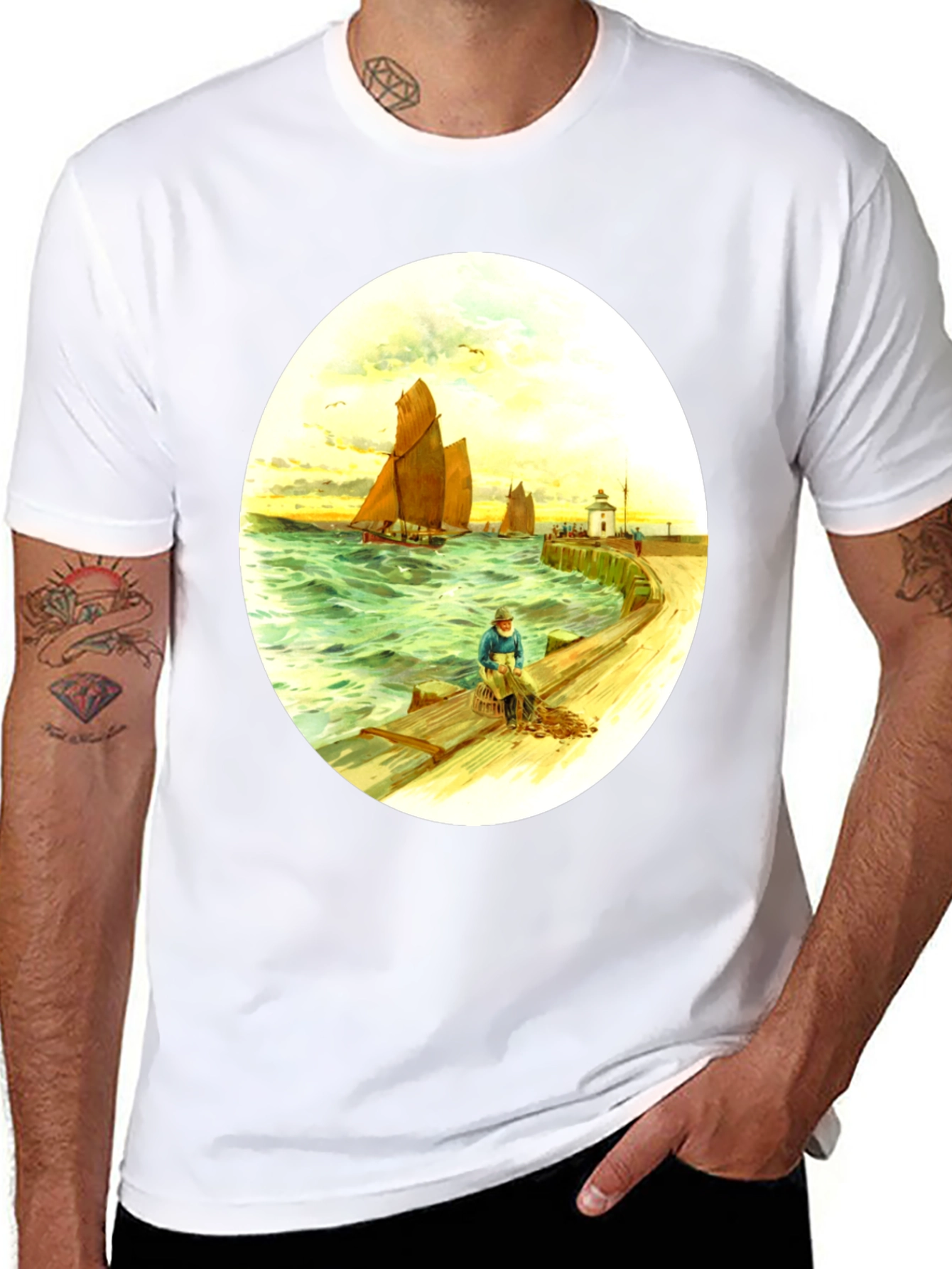Vintage Nautical Art T-Shirt - Fisherman at Sea - 8
