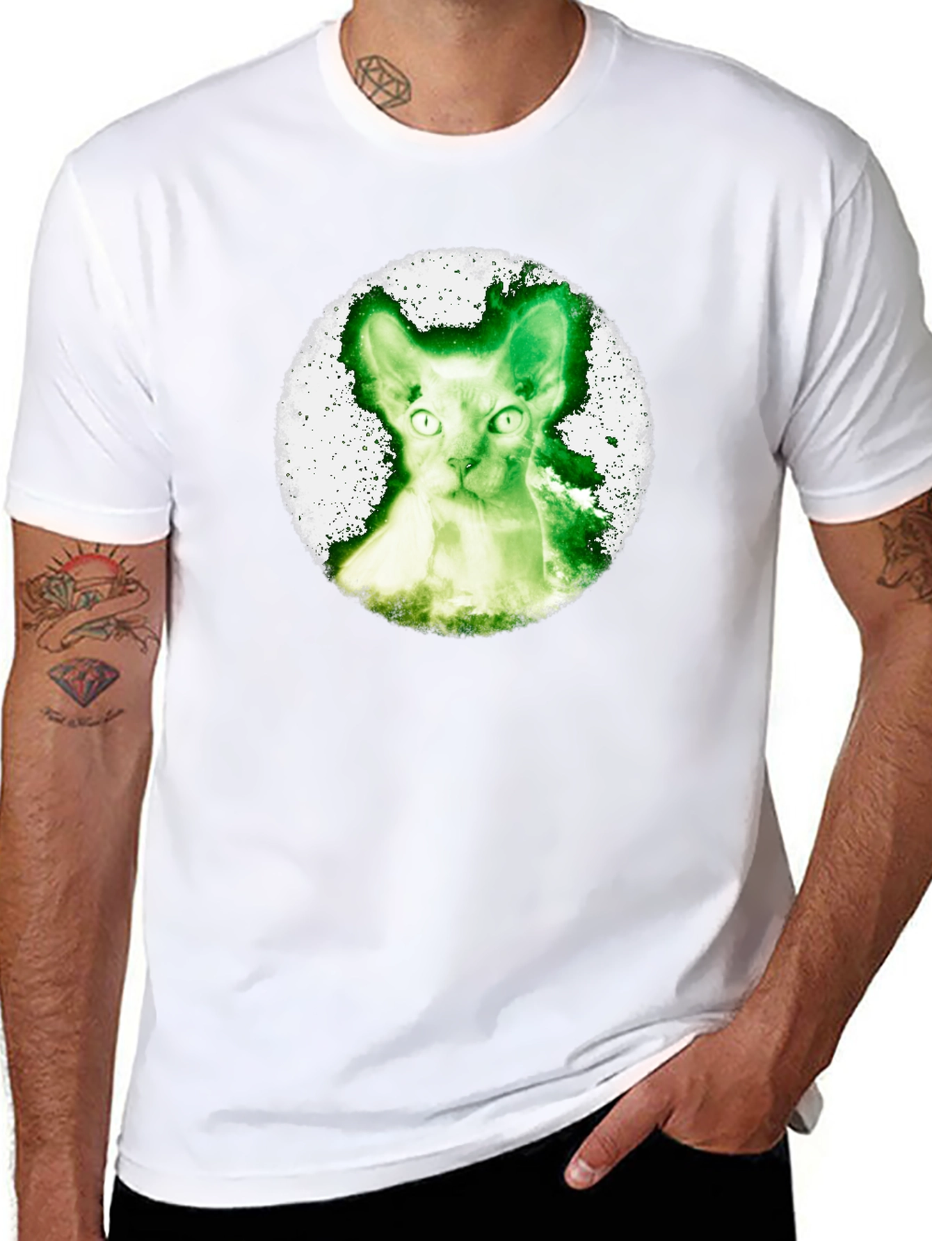 Black Green Cat Graphic Tee - Black Cotton Shirt view 8