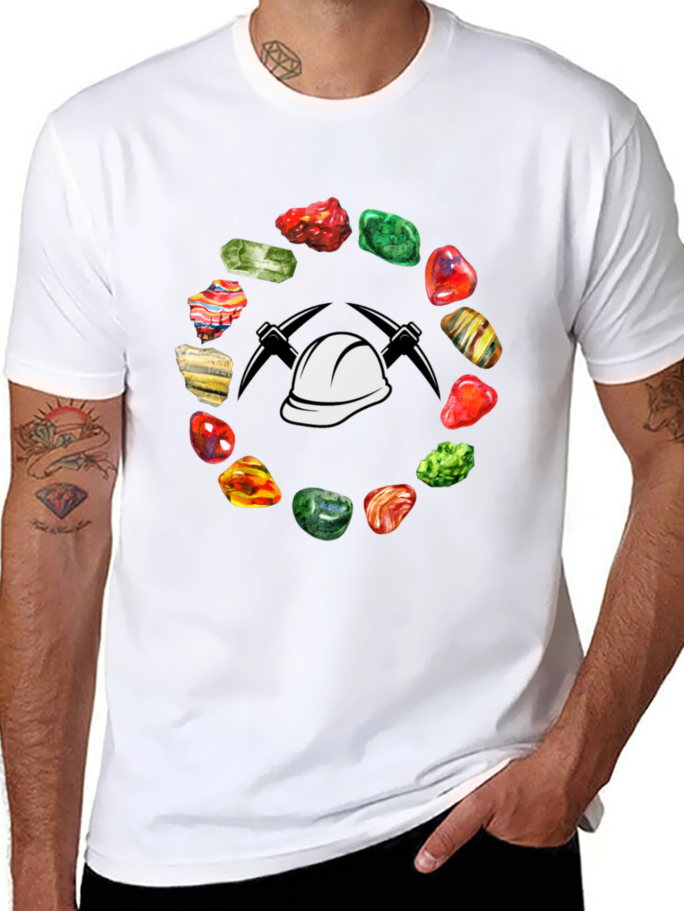 Black Miner T-Shirt: Gemstone Circle with Hard Hat & Pickaxes view 8