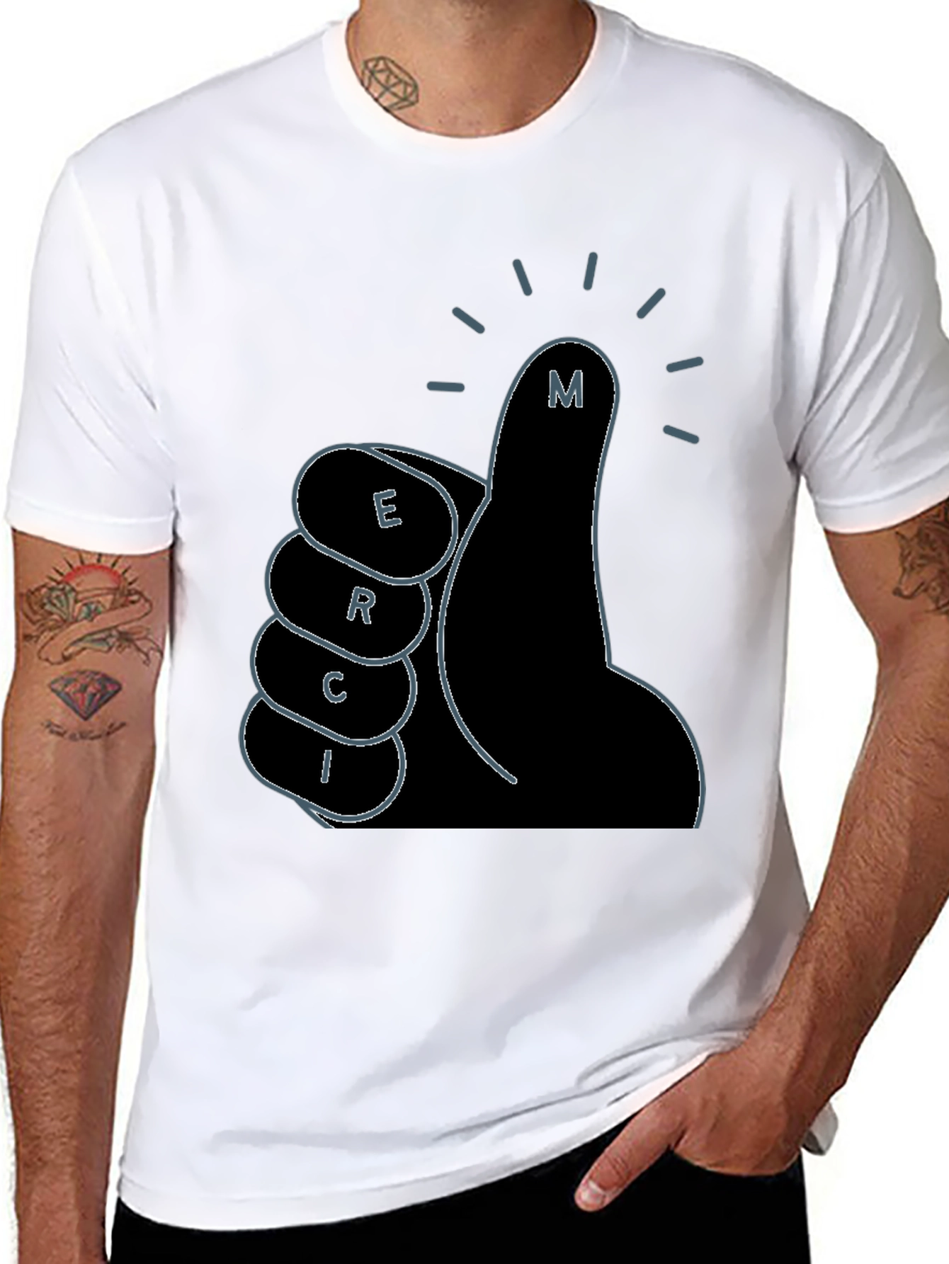 Black Merci Thumbs Up Graphic Tee - Black Cotton T-Shirt view 8
