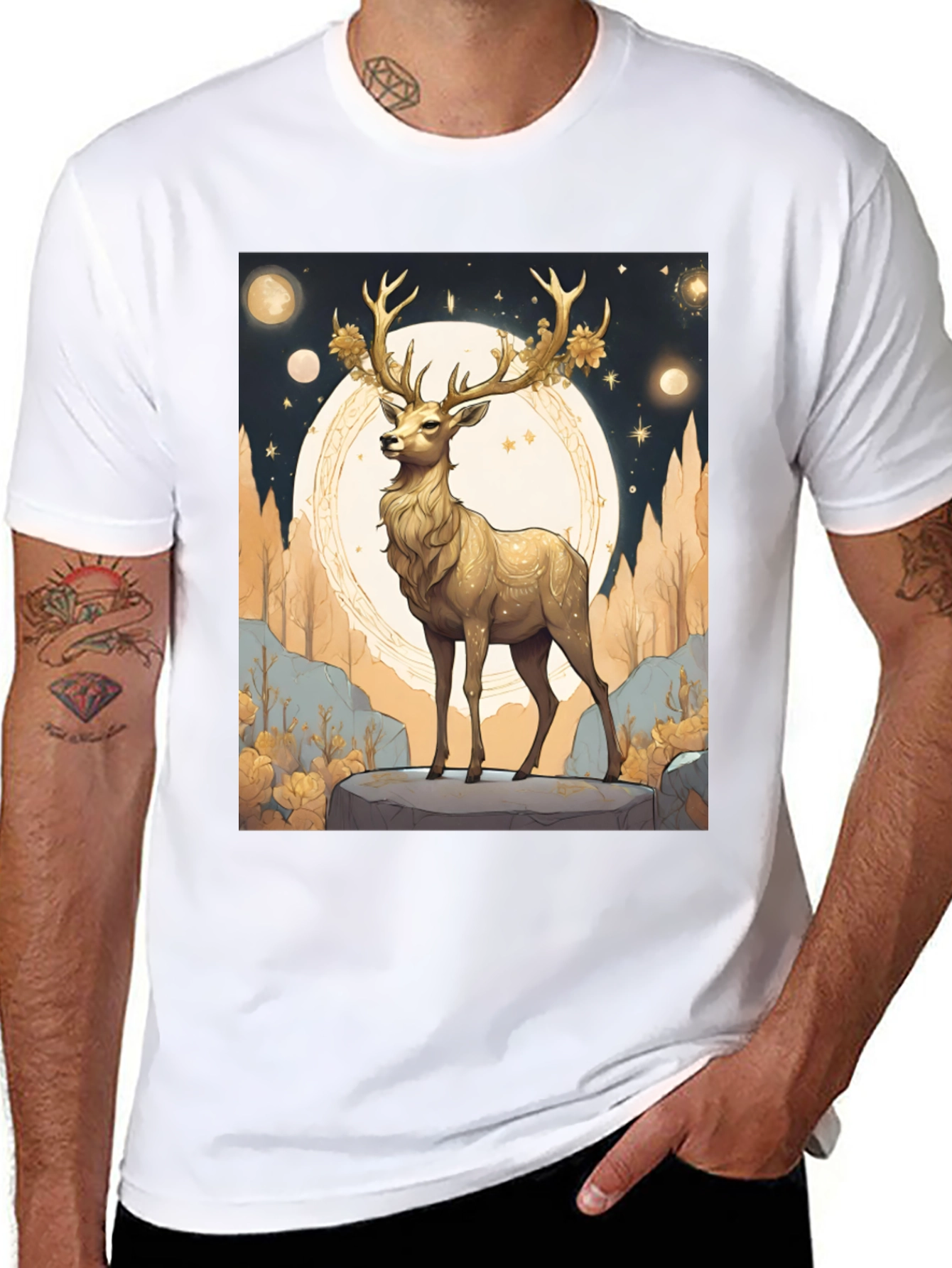 Black Golden Deer Graphic Tee - Celestial Stag Design view 8