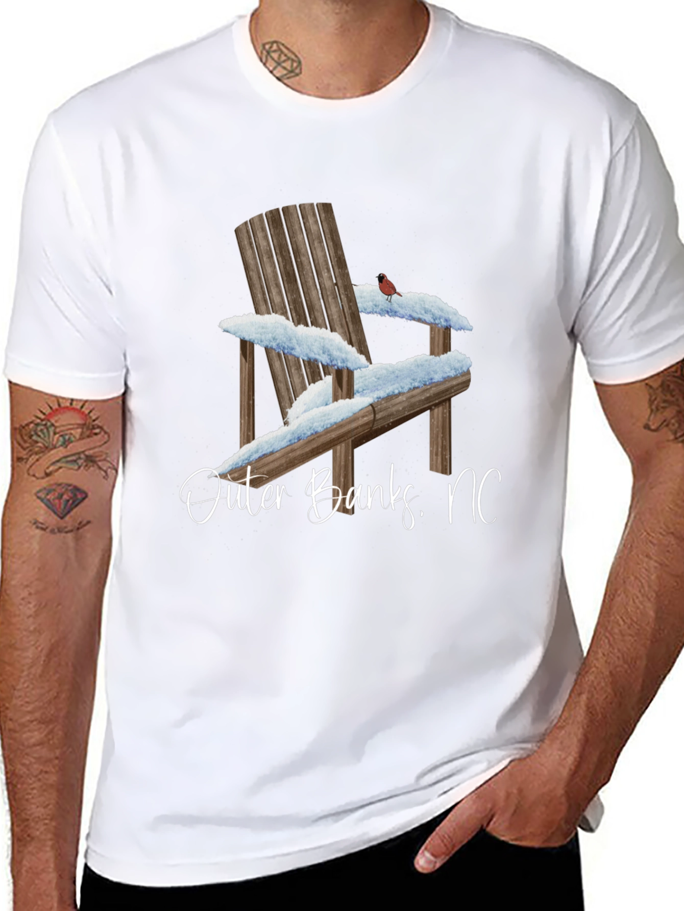 Black Outer Banks NC Winter Adirondack Chair Graphic T-Shirt view 8