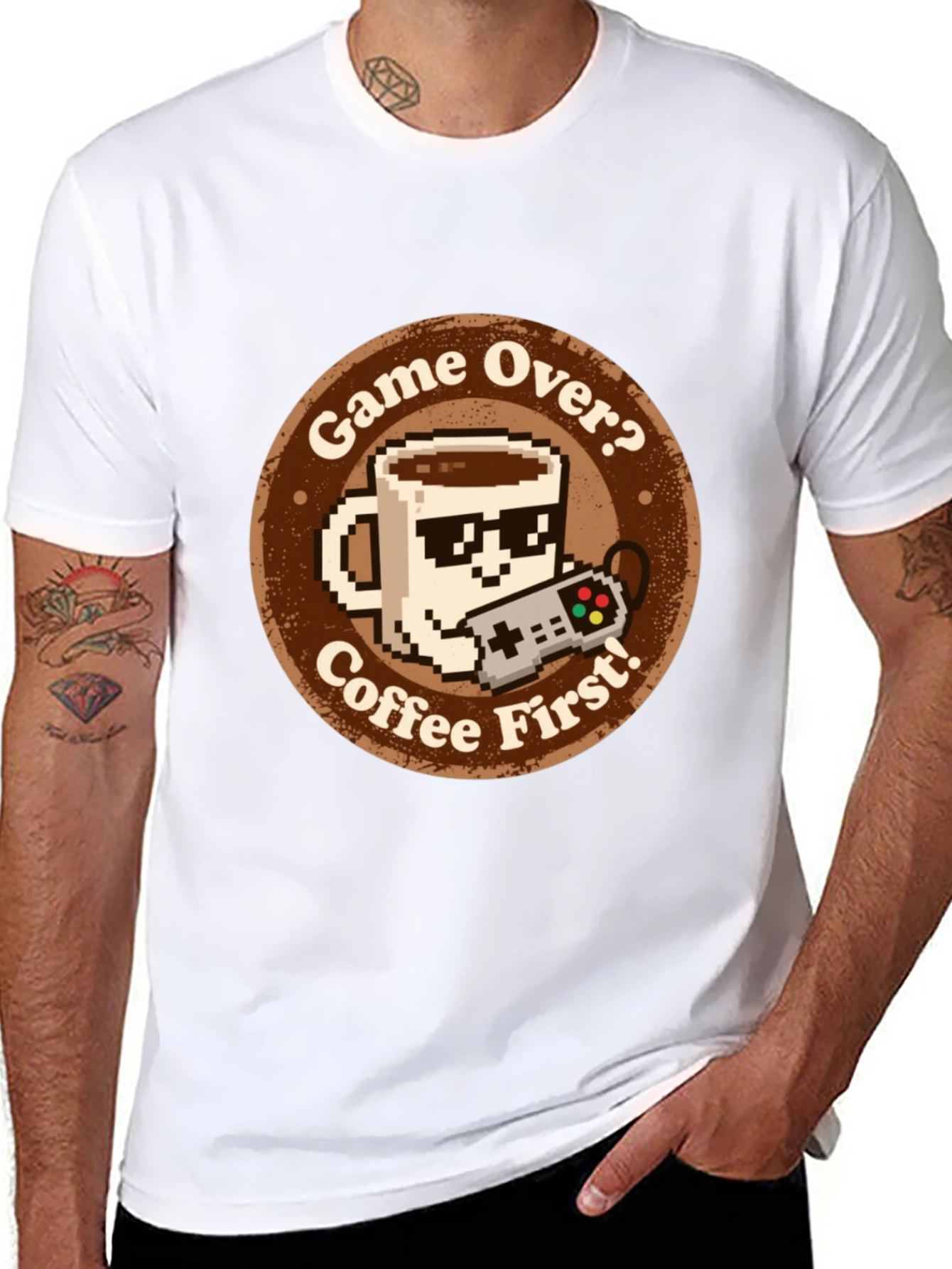 Black Game Over? Coffee First! Graphic Tee view 8