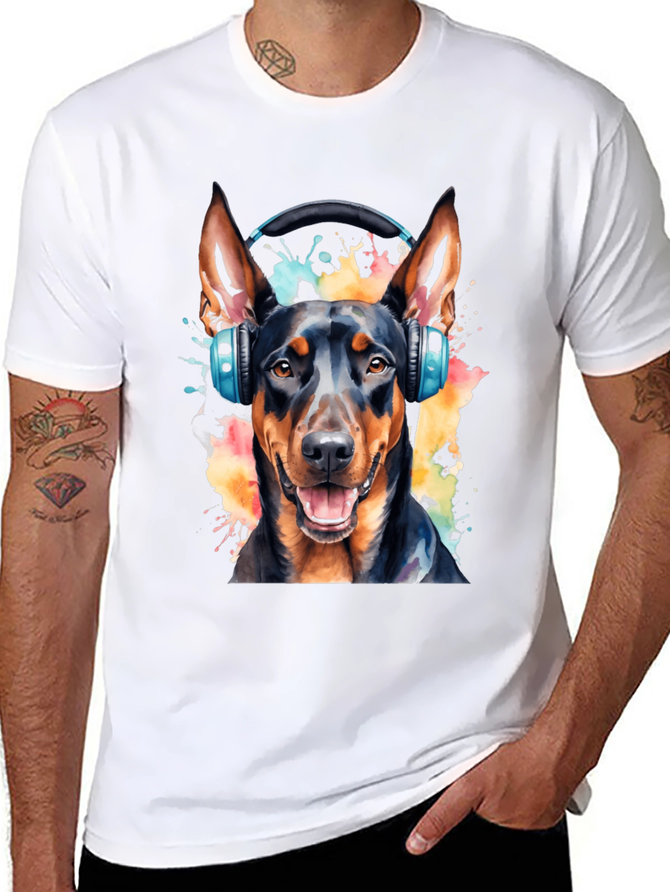 Black Dog with Headphones Black T-Shirt view 8