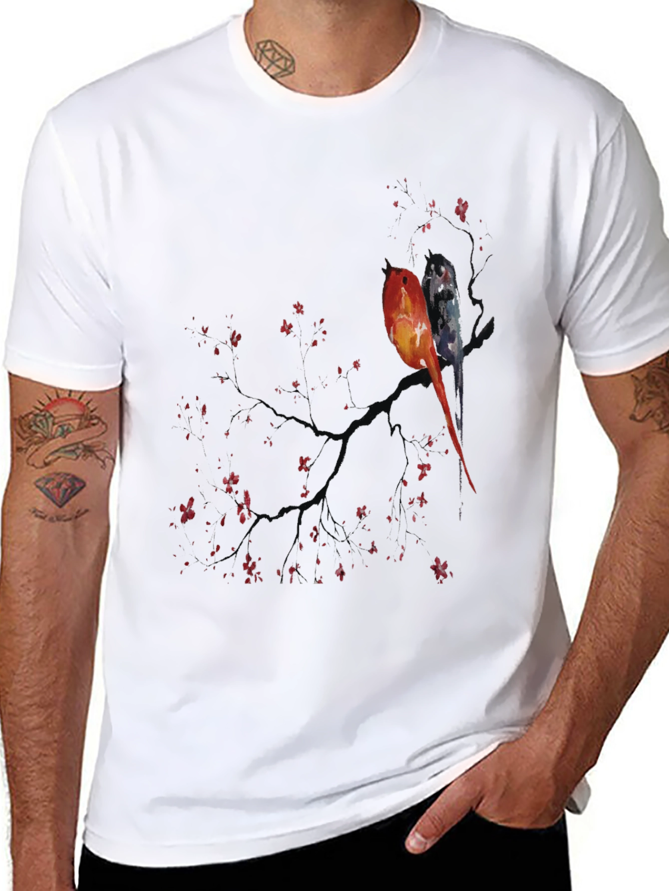 Black Artistic Birds on Branch Graphic Tee view 8