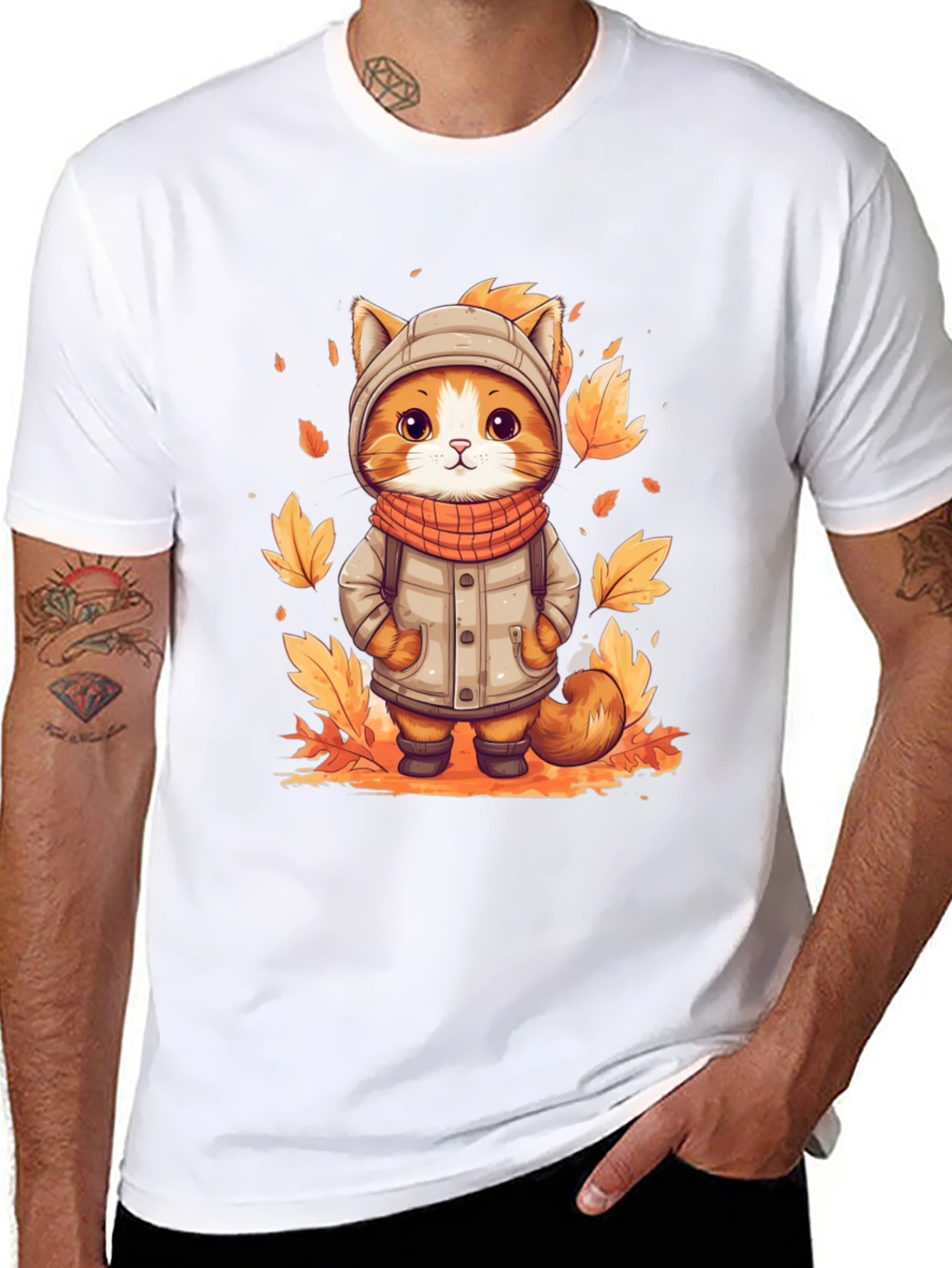 Black Fall Cat T-Shirt - Cute Autumn Kitten Design view 8