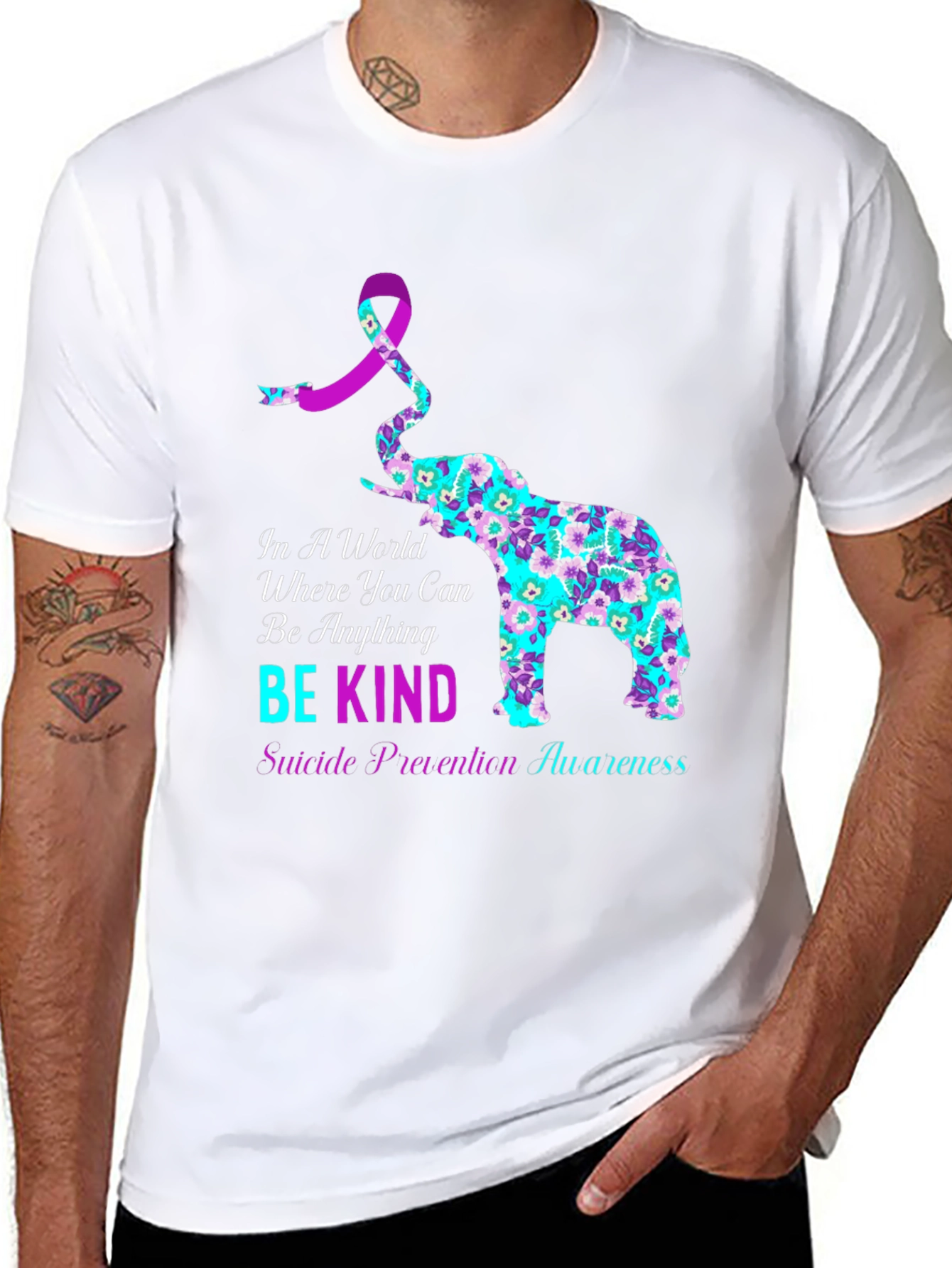 Black Be Kind Suicide Awareness Elephant Graphic Tee view 8