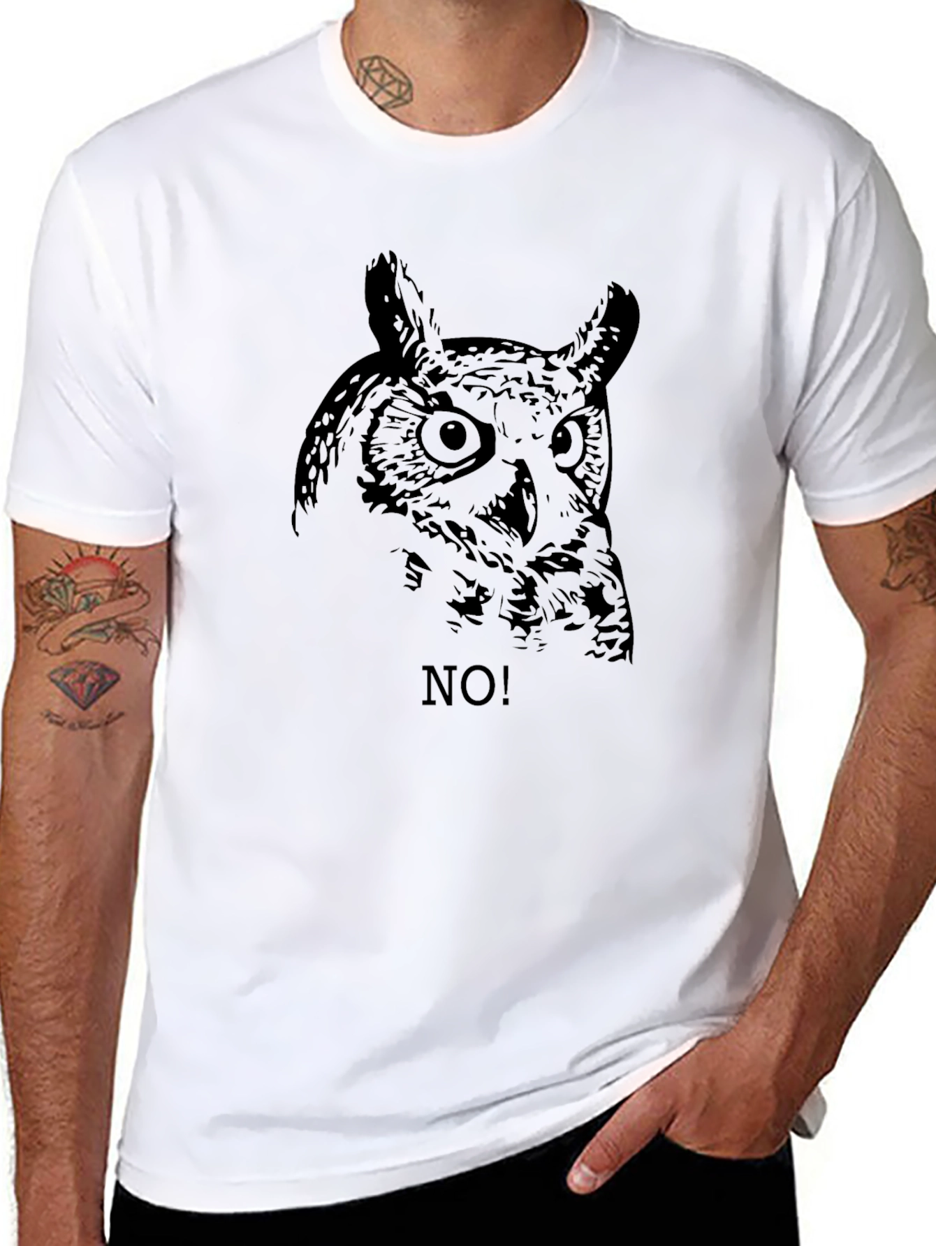 Black Owl No! Graphic Black T-Shirt - Men's Fashion view 8