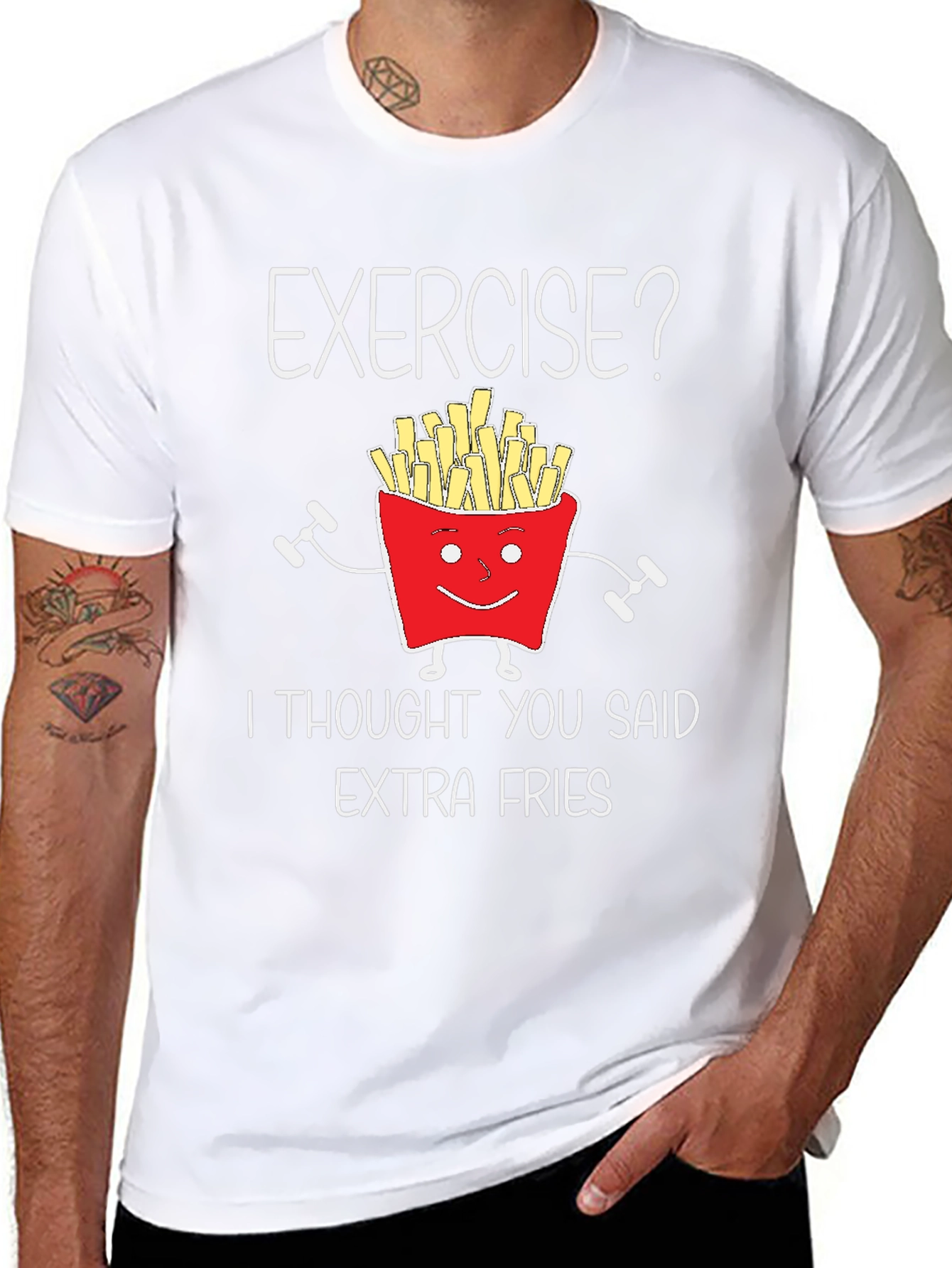 Black Funny Exercise Extra Fries Graphic T-Shirt view 8
