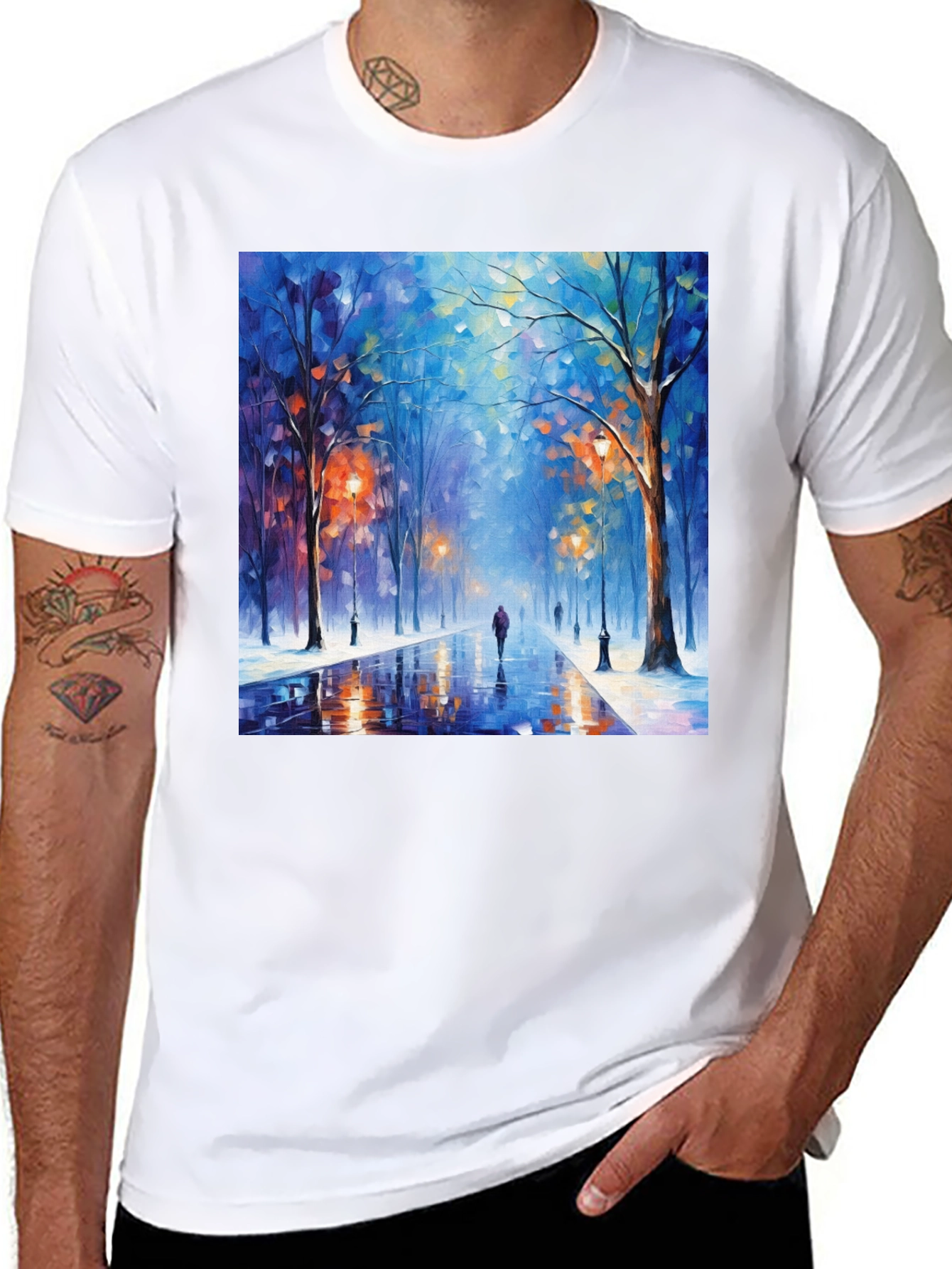 Black Artistic Winter Street Scene T-Shirt view 8