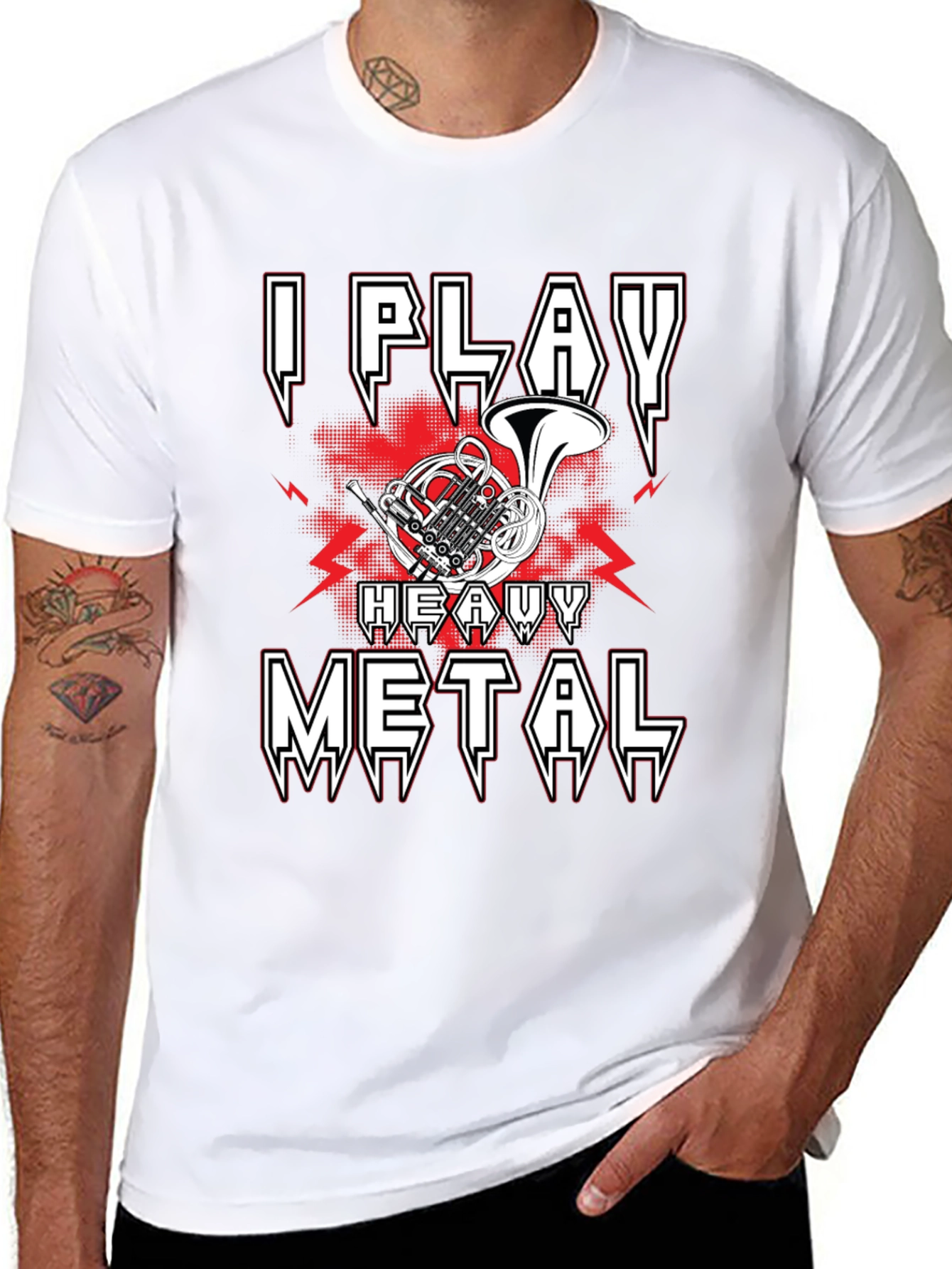 Black I Play Heavy Metal French Horn Music T-Shirt view 8