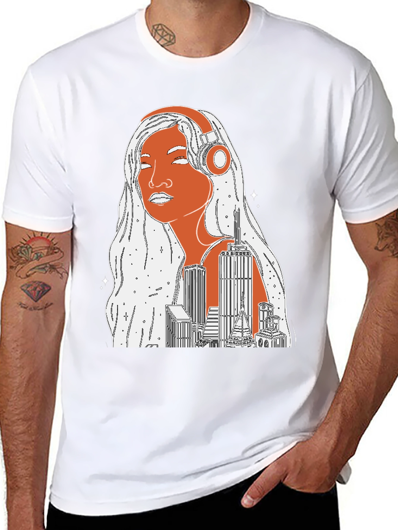 Black Cityscape Headphones Graphic Tee view 8