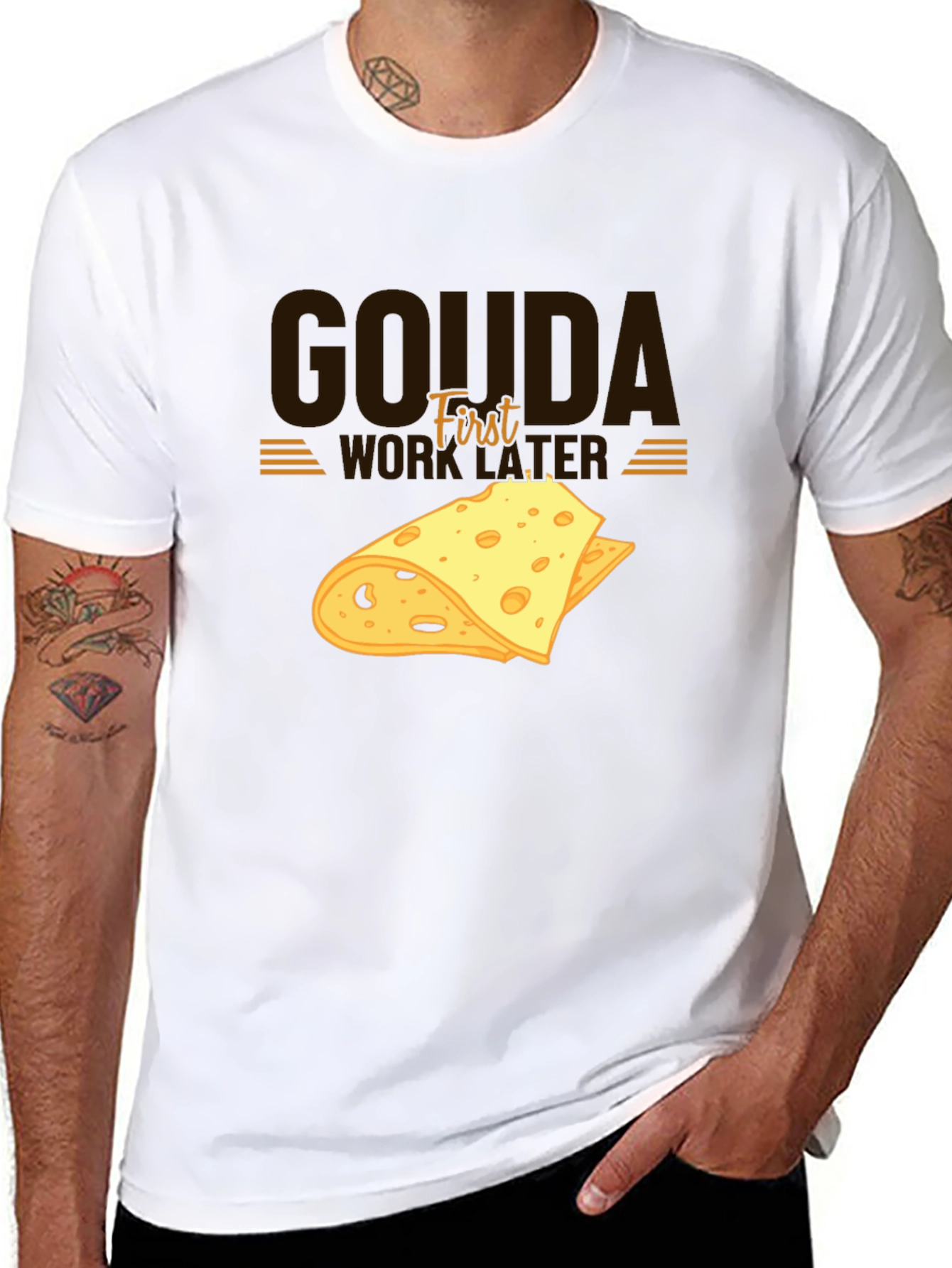 Black Gouda First Work Later Cheese Graphic T-Shirt view 8