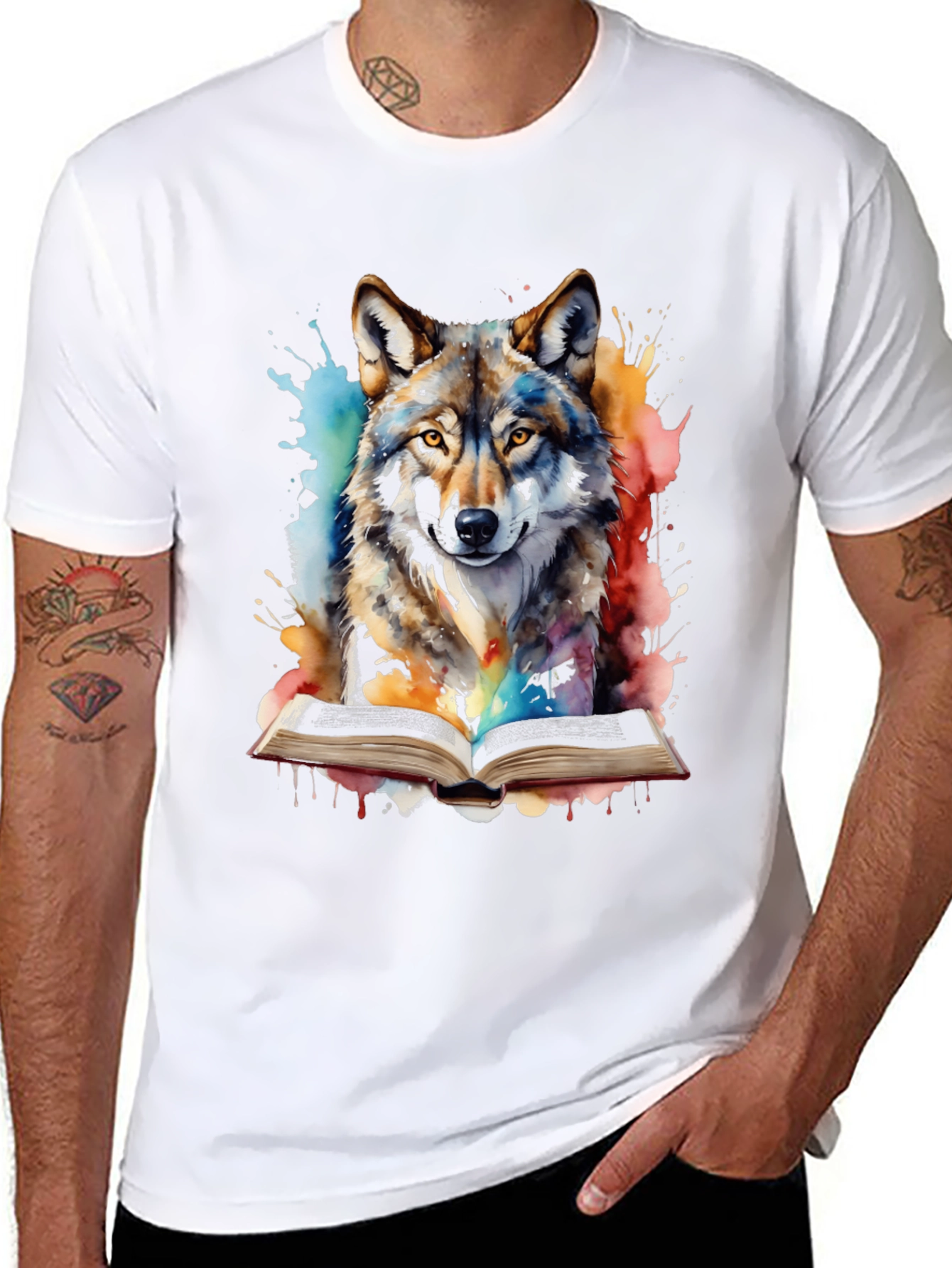 Black Watercolor Wolf Reading T-Shirt - Unique Graphic Tee view 8