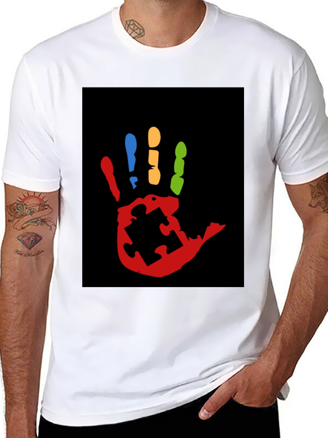 Black Autism Awareness Hand Print T-Shirt view 8
