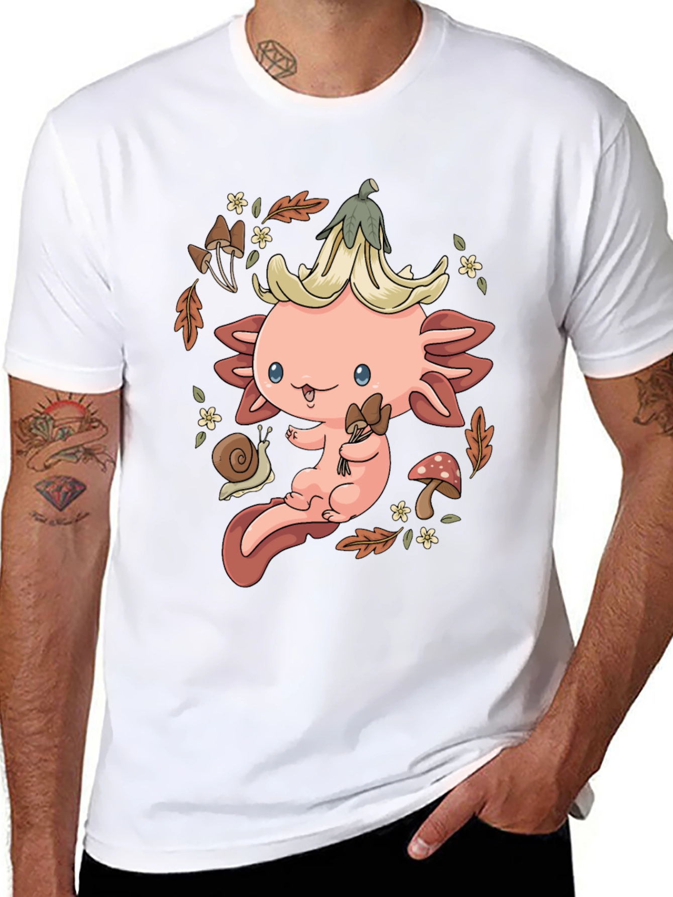 Black Cute Axolotl Mushroom T-Shirt - Whimsical Nature Design view 8