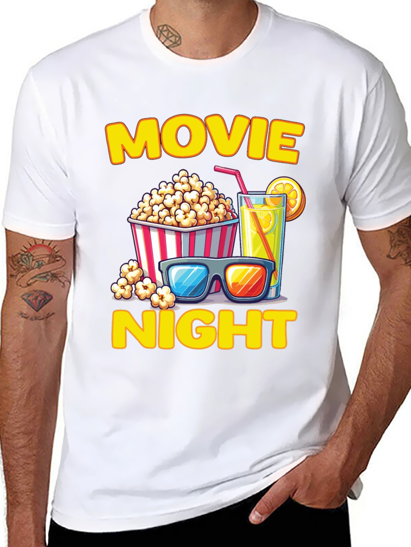 Black Movie Night T-Shirt - Popcorn, Drink, and Glasses view 8