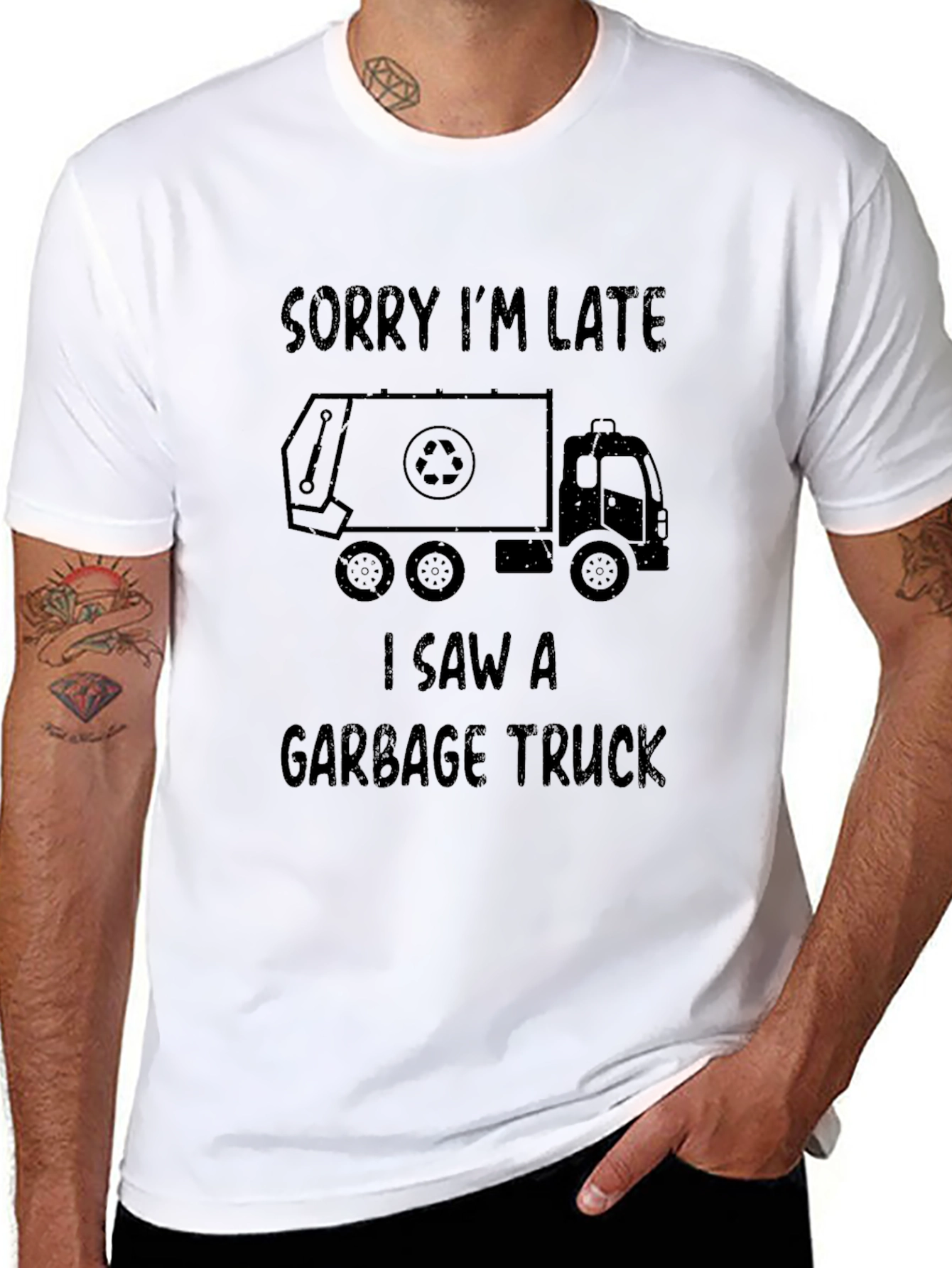 Black Sorry I'm Late Garbage Truck T-Shirt view 8