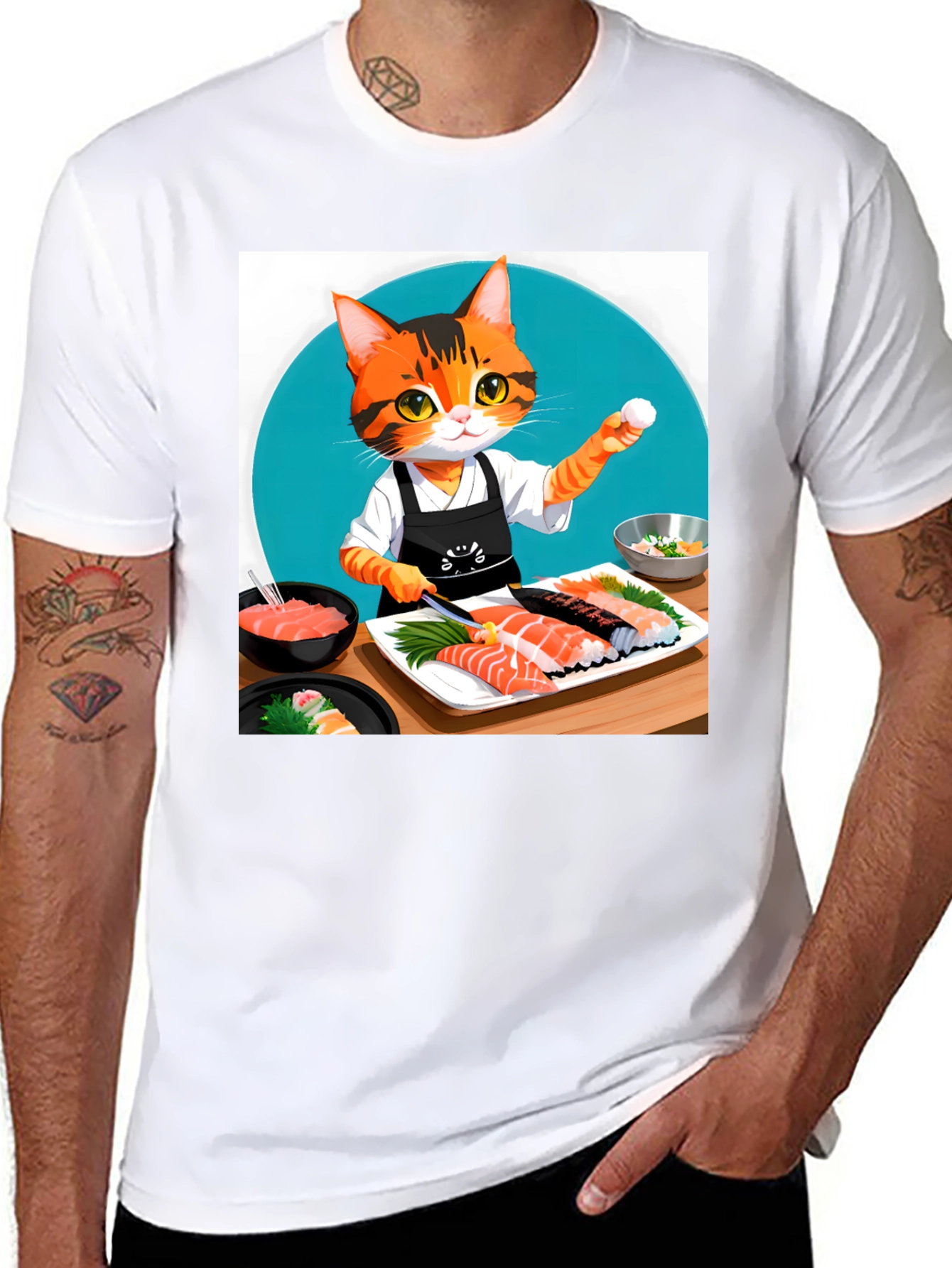 Black Sushi Cat T-Shirt - Chef Kitten Design view 8