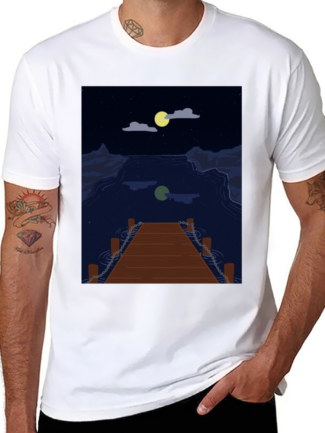 Black Night Lake Dock Graphic Tee view 8