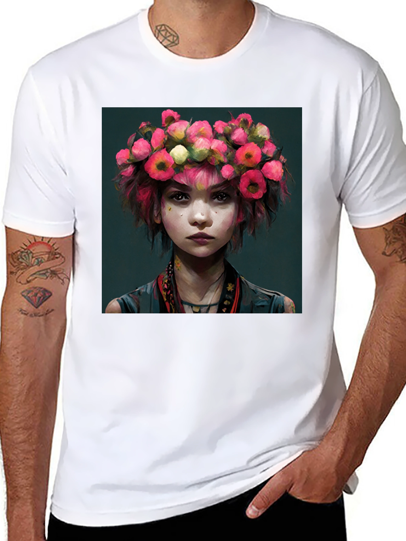Black Floral Crown Girl Portrait T-Shirt view 8