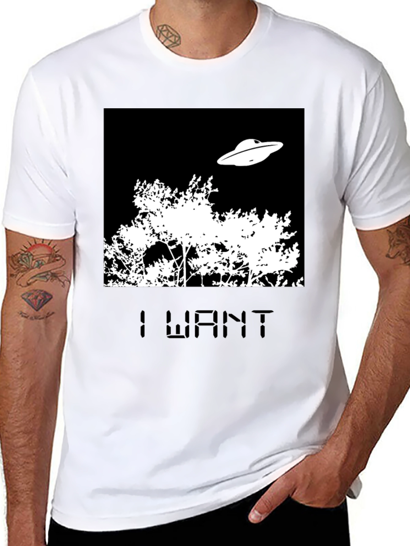 Black I Want T-Shirt UFO Tee Black Novelty  view 8