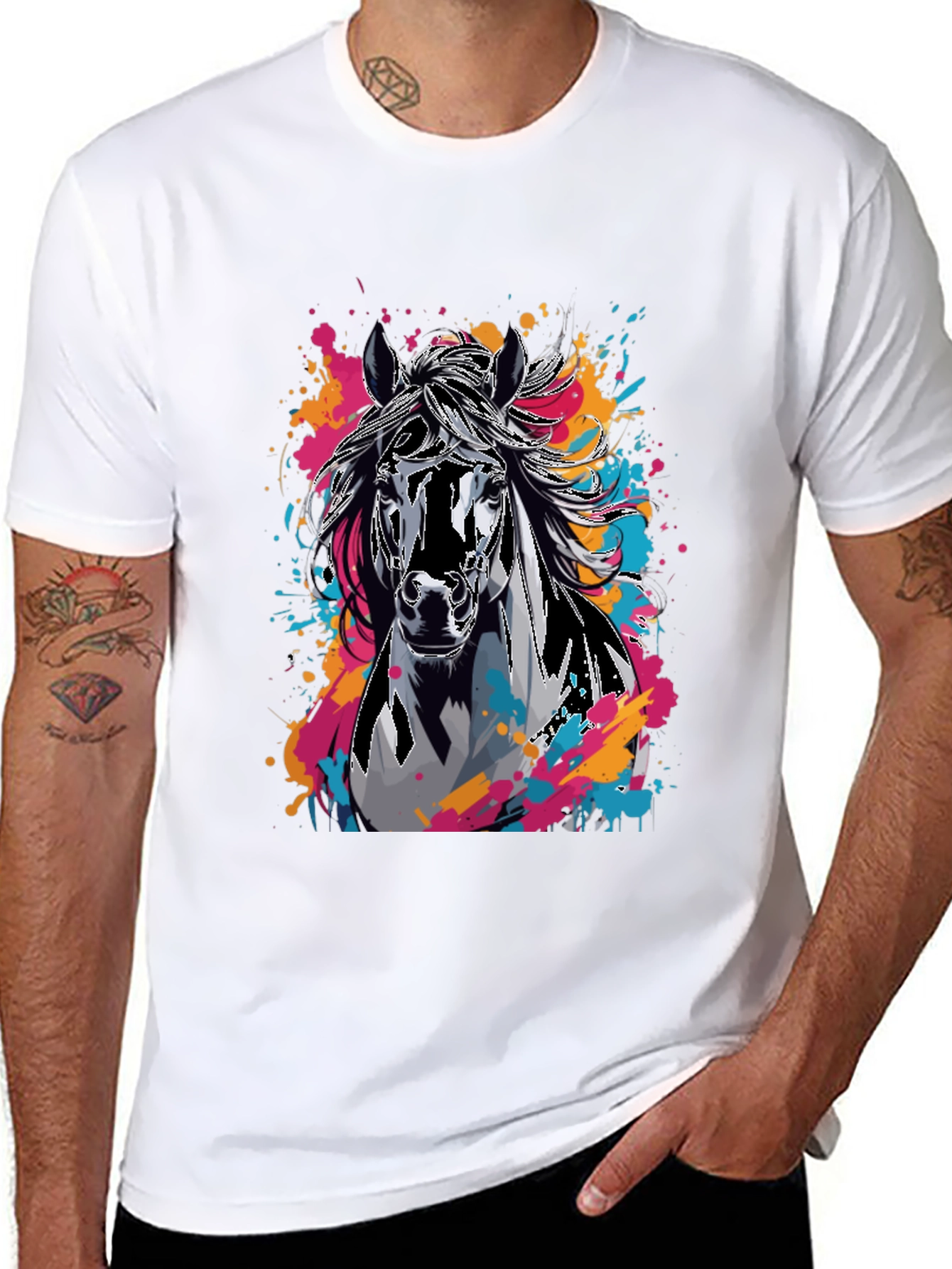 Black Horse Graphic T-Shirt - Colorful Animal Print Tee view 8