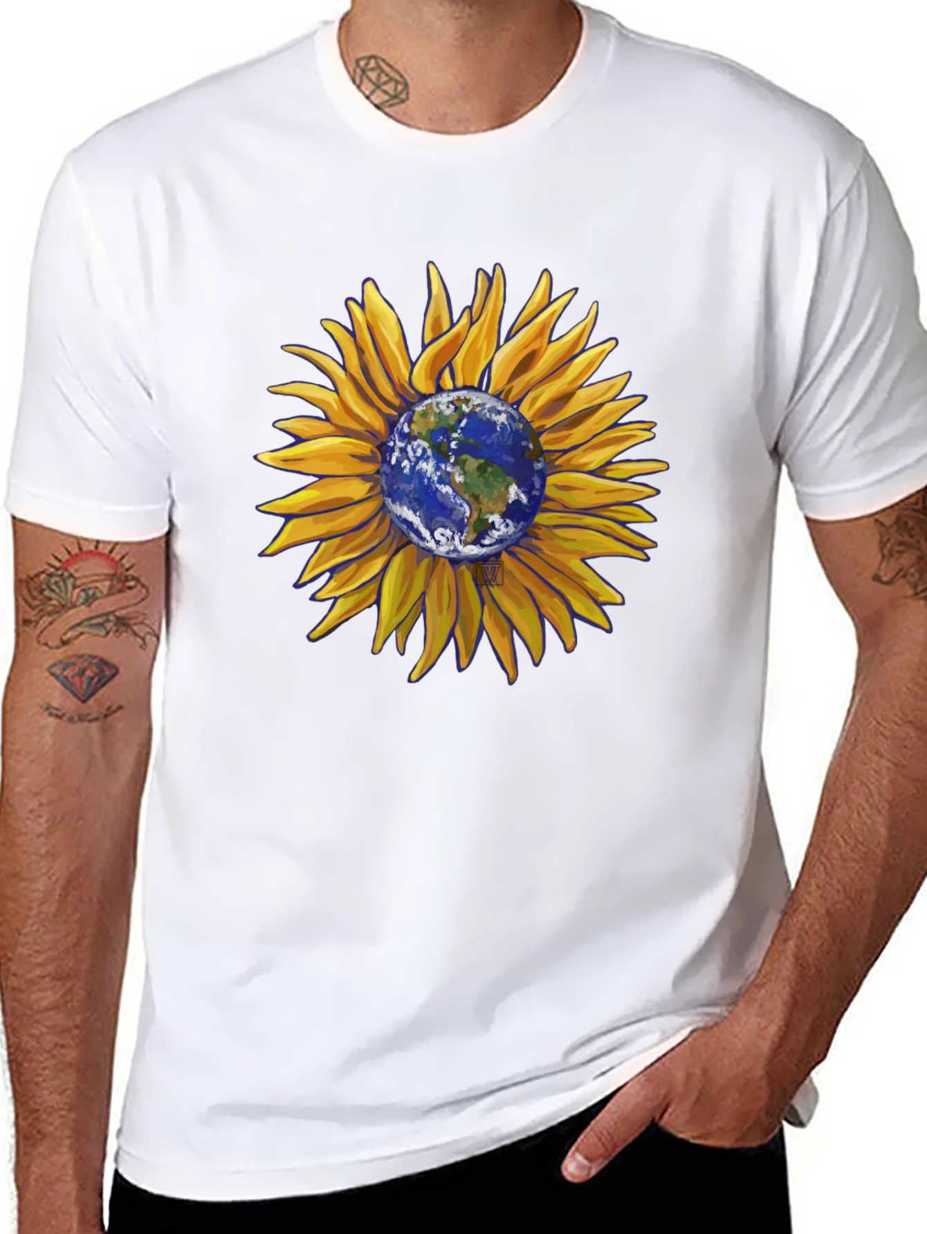 Black Sunflower Earth Graphic T-Shirt - Black Cotton Blend view 8