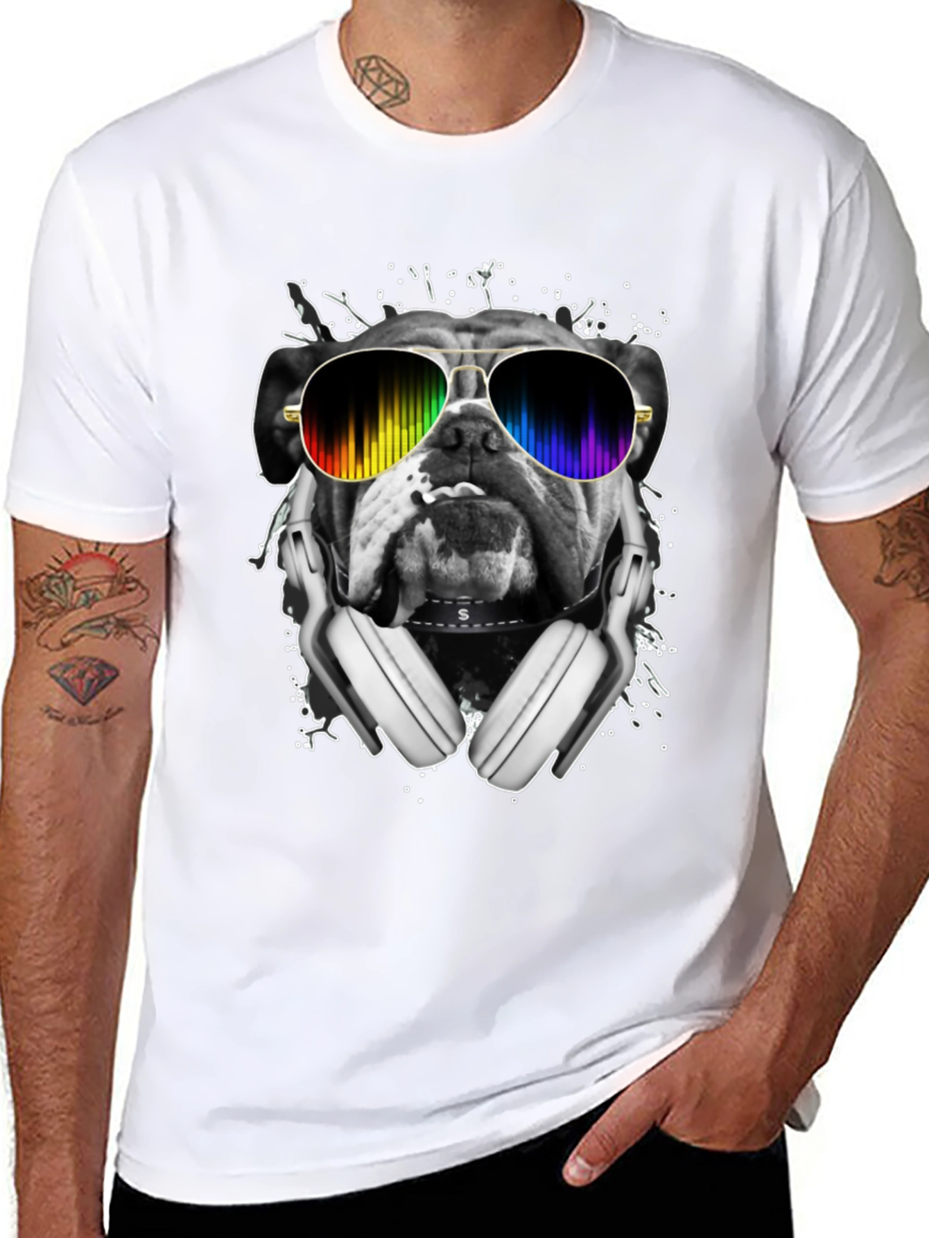 Black Bulldog DJ T-Shirt - Rainbow Glasses & Headphones view 8