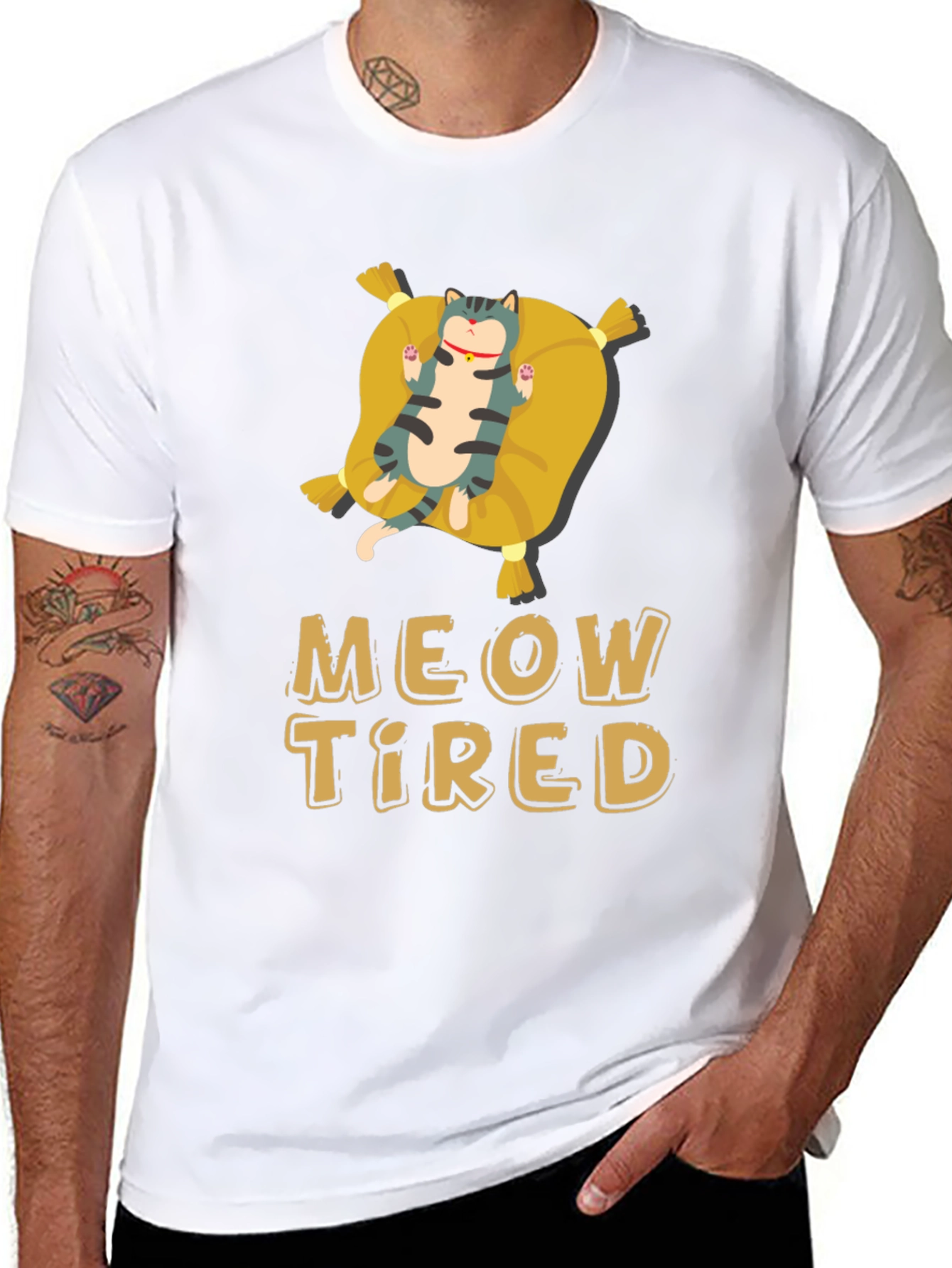 Black Meow Tired Cat Pillow T-Shirt - Relaxed Fit view 8