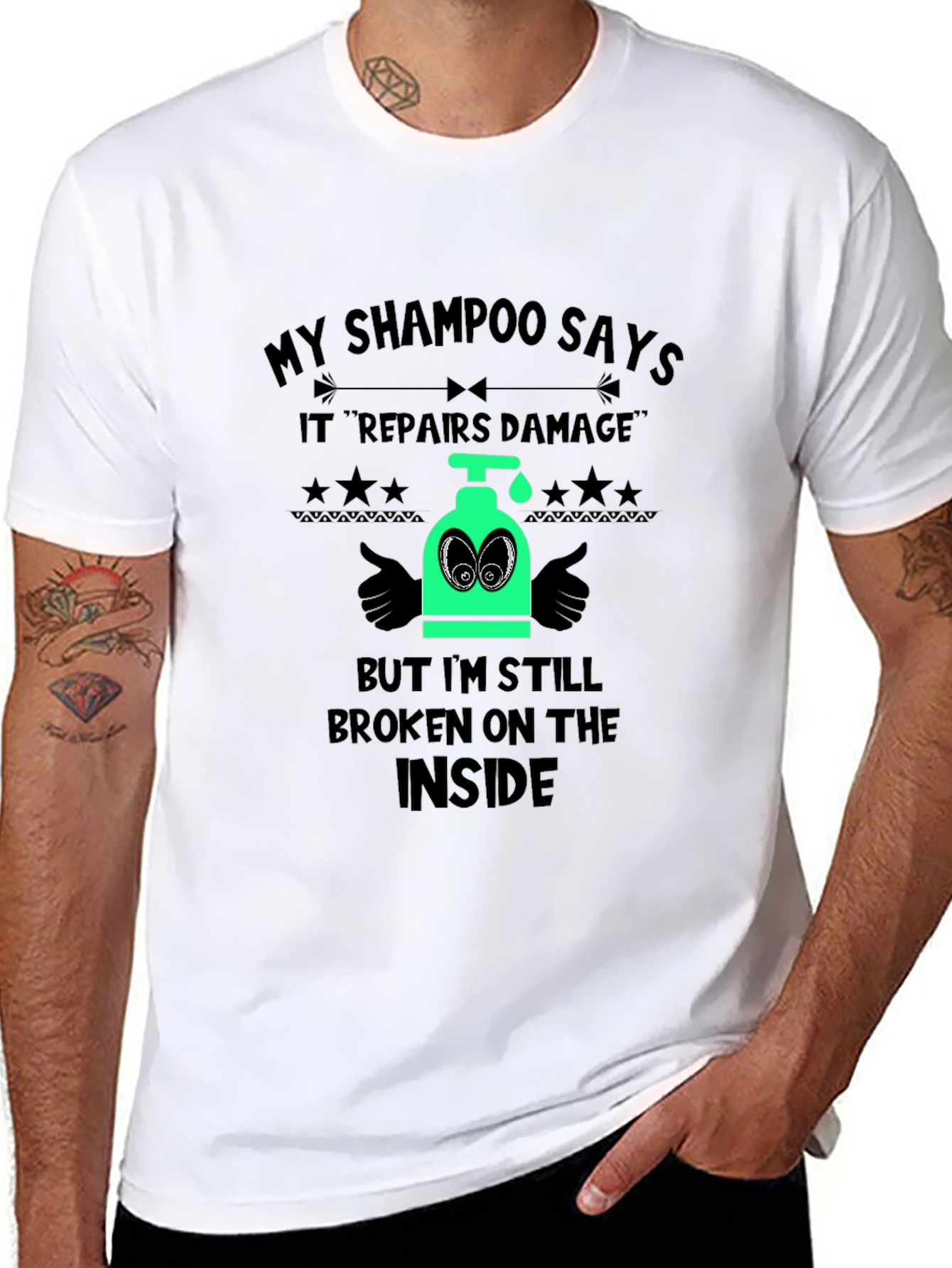 Black Humorous "Broken Inside" Shampoo T-Shirt view 8