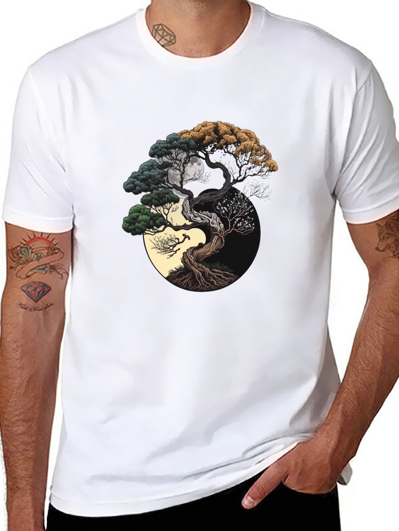 Black Yin Yang Bonsai Tree Graphic Tee - Unisex Black T-Shirt view 8