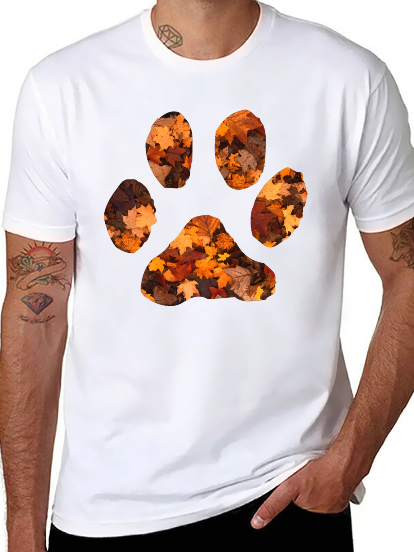 Black Fall Leaves Paw Print Black T-Shirt view 8